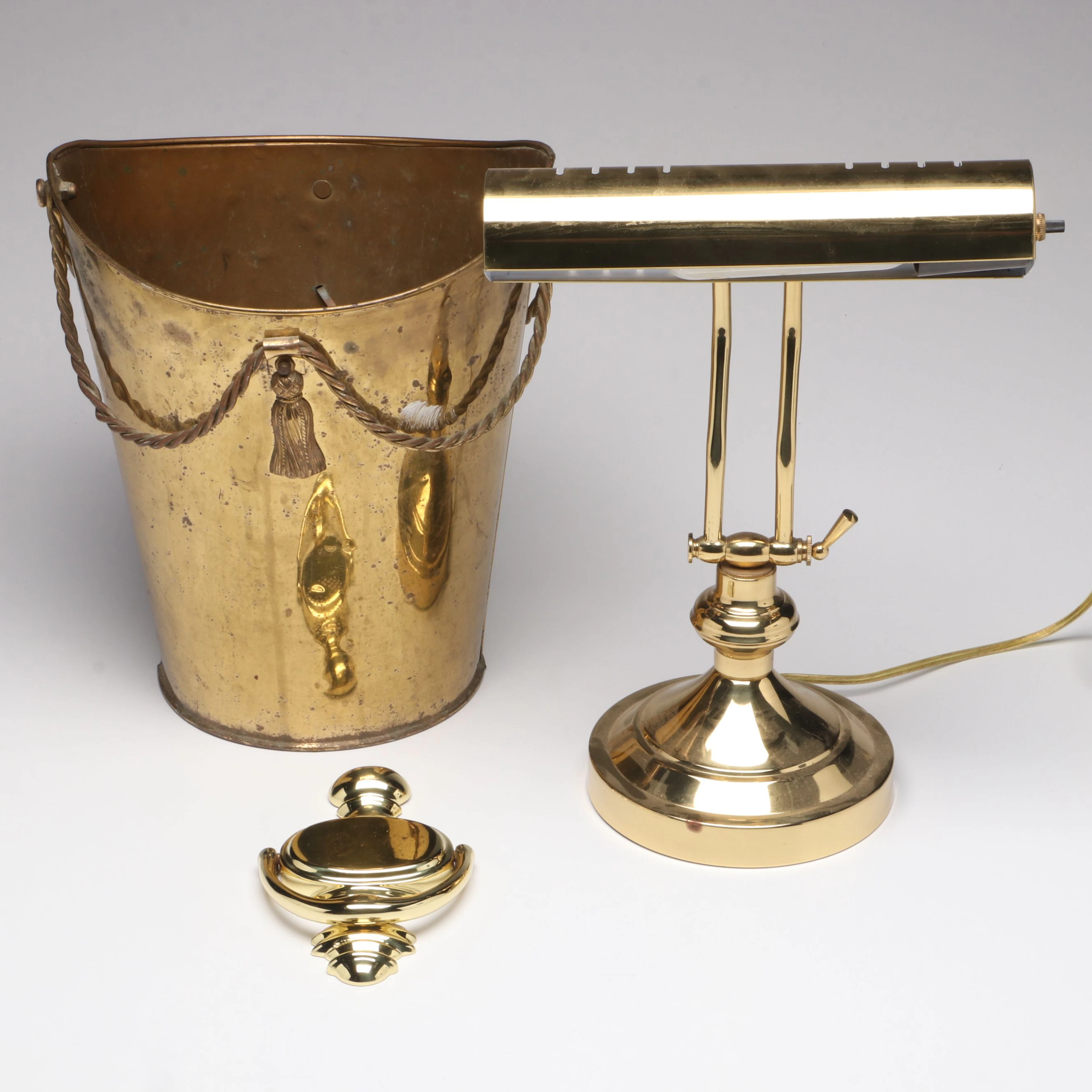 Brass Banker Style Desk Lamp, Baldwin Brass Knocker, and Brass Trashcan