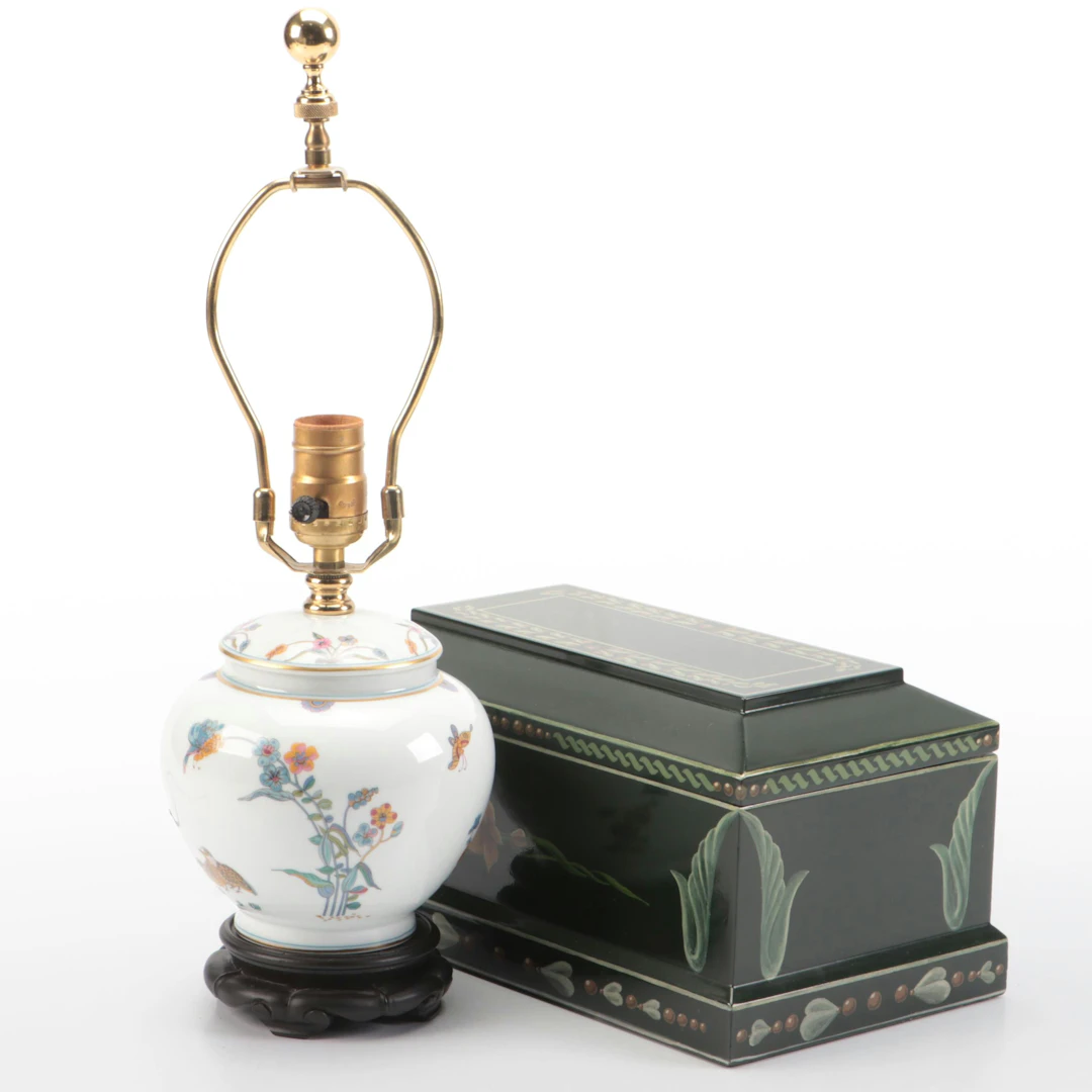 Norman Perry Limoges Golden Quail Porcelain Table Lamp & Lacquered Box