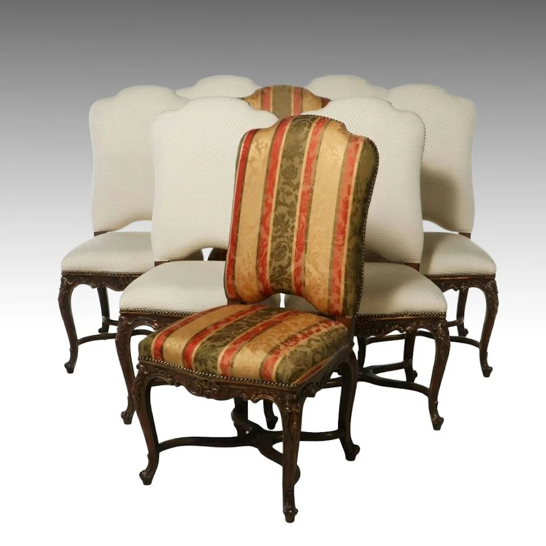 Set of Eight French Rococo Style Carved Wood and Upholstered Dining Chairs