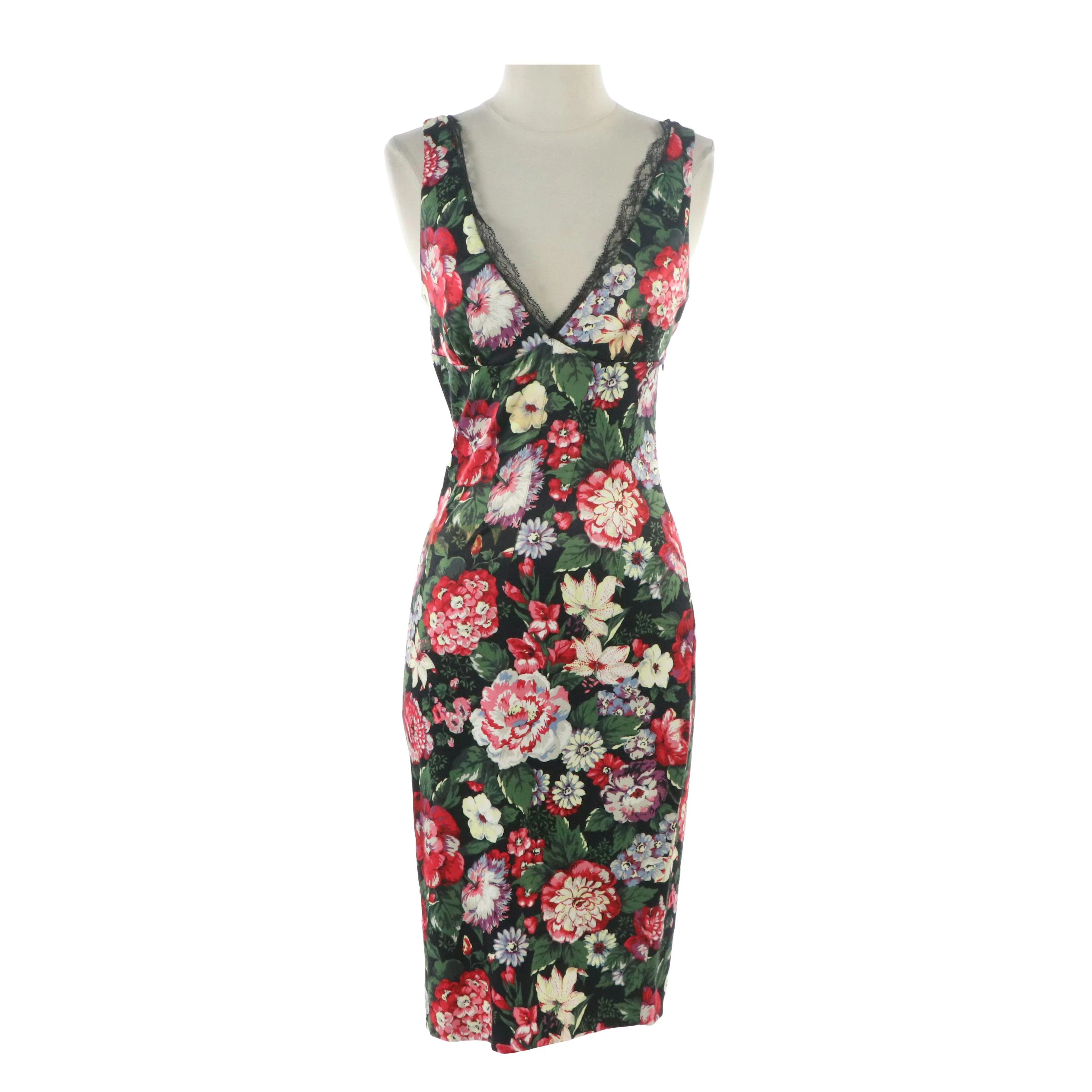 D&G by Dolce & Gabbana Floral Print Sleeveless Dress with Black Lace Trim