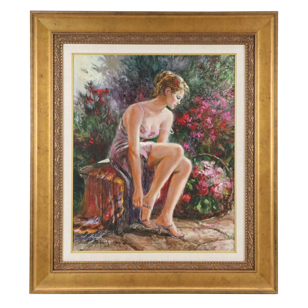 Nenad Mirkovich Embellished Giclée of Woman Seated in Garden, 21st Century