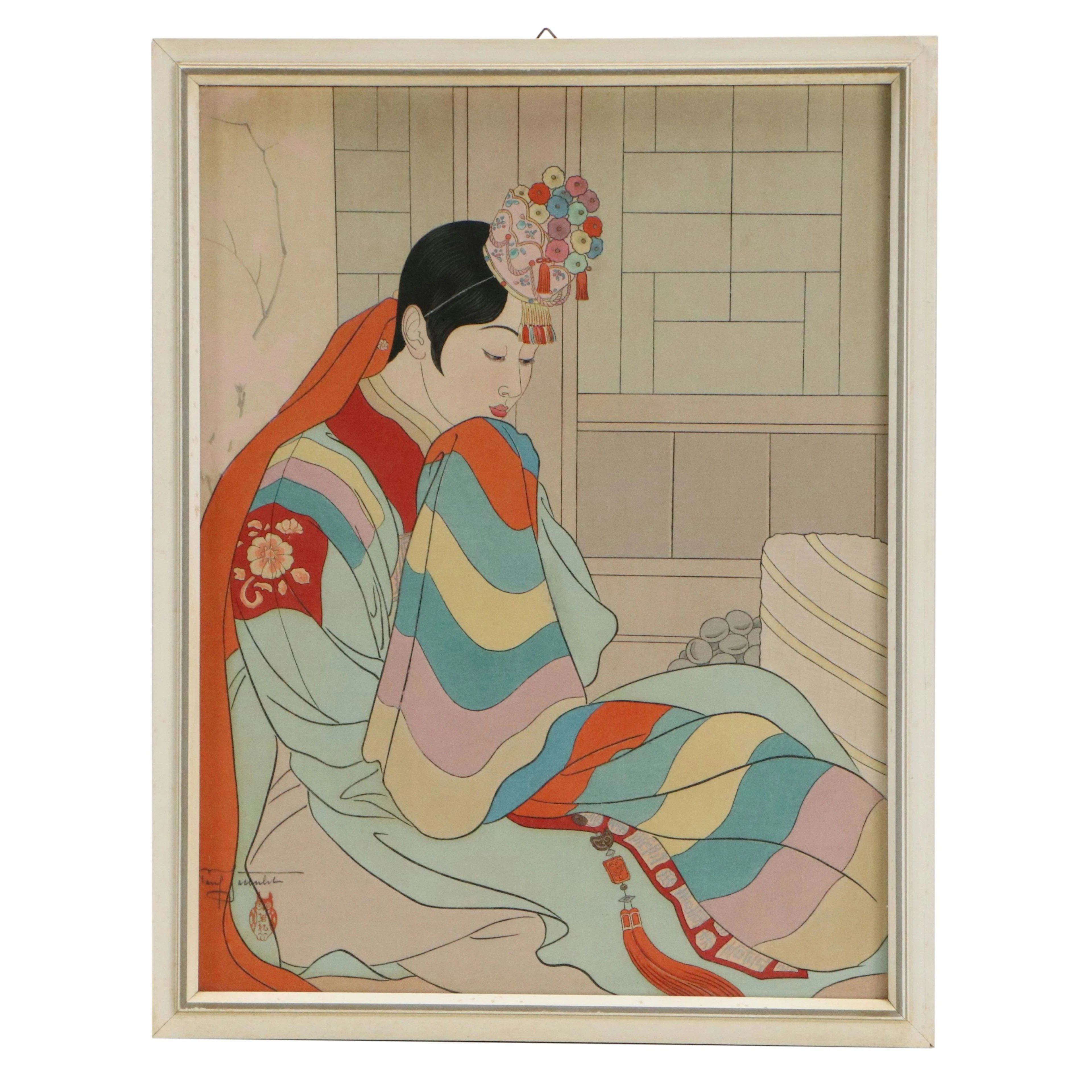 Paul Jacoulet Shin-hanga Style Woodblock "La Mariée, Seoul, Corée," 1948