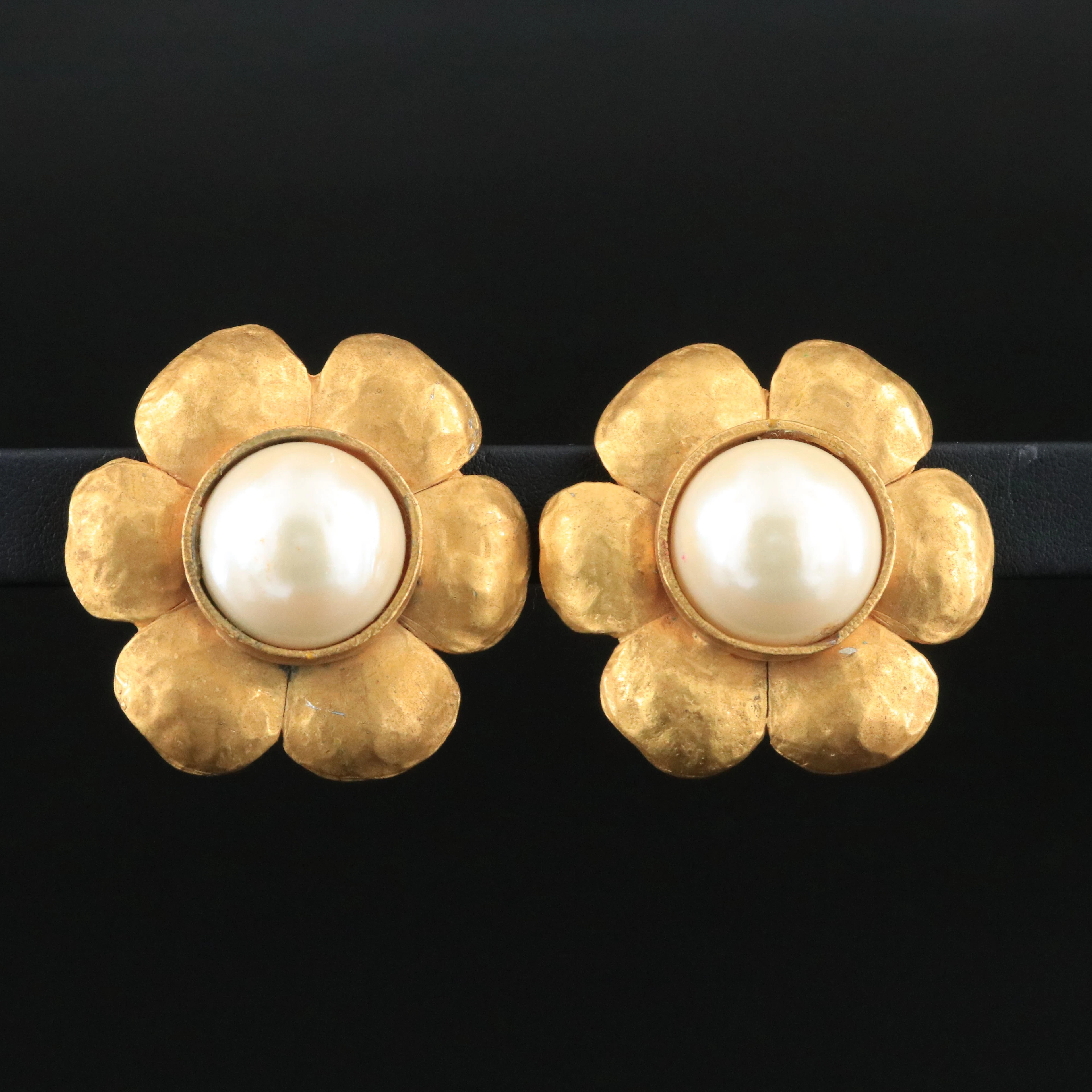Chanel Faux Mabé Pearl Flower Clip Earrings 1993