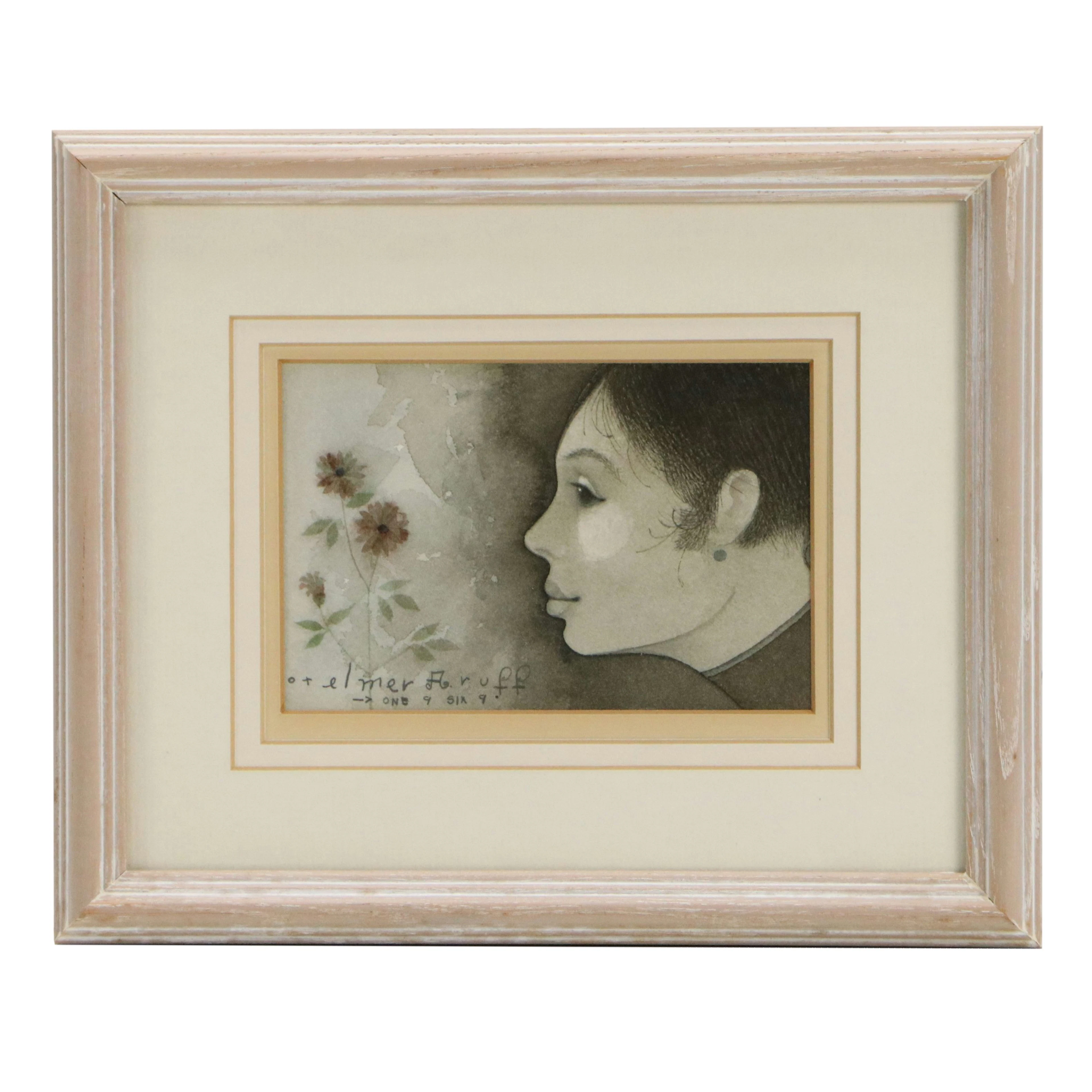 Elmer Ruff Surrealist Watercolor Painting of Woman with Flowers, 1969