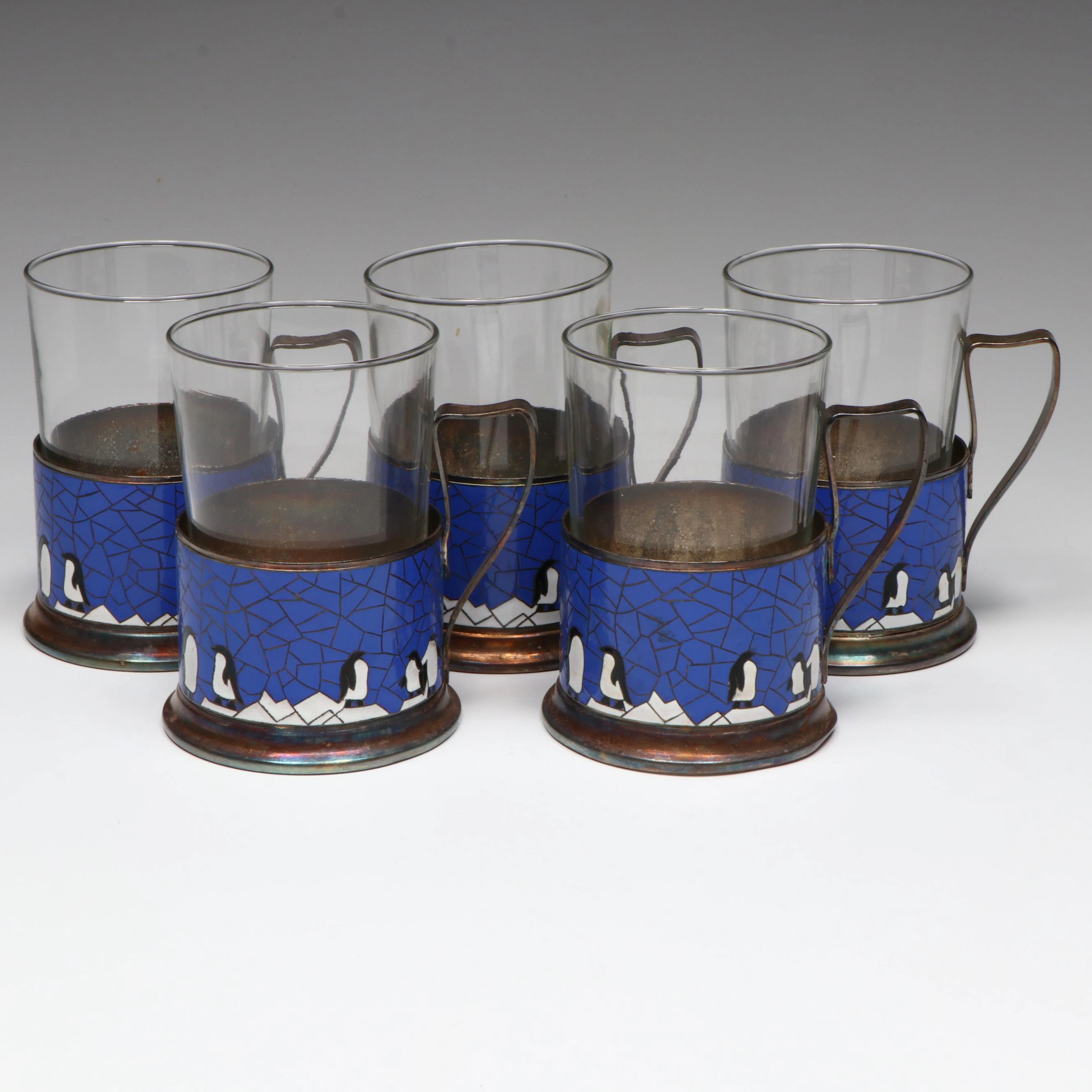 USSR Podstakannik Enamel Penguin Tea Glass Holders with Duralex Glasses