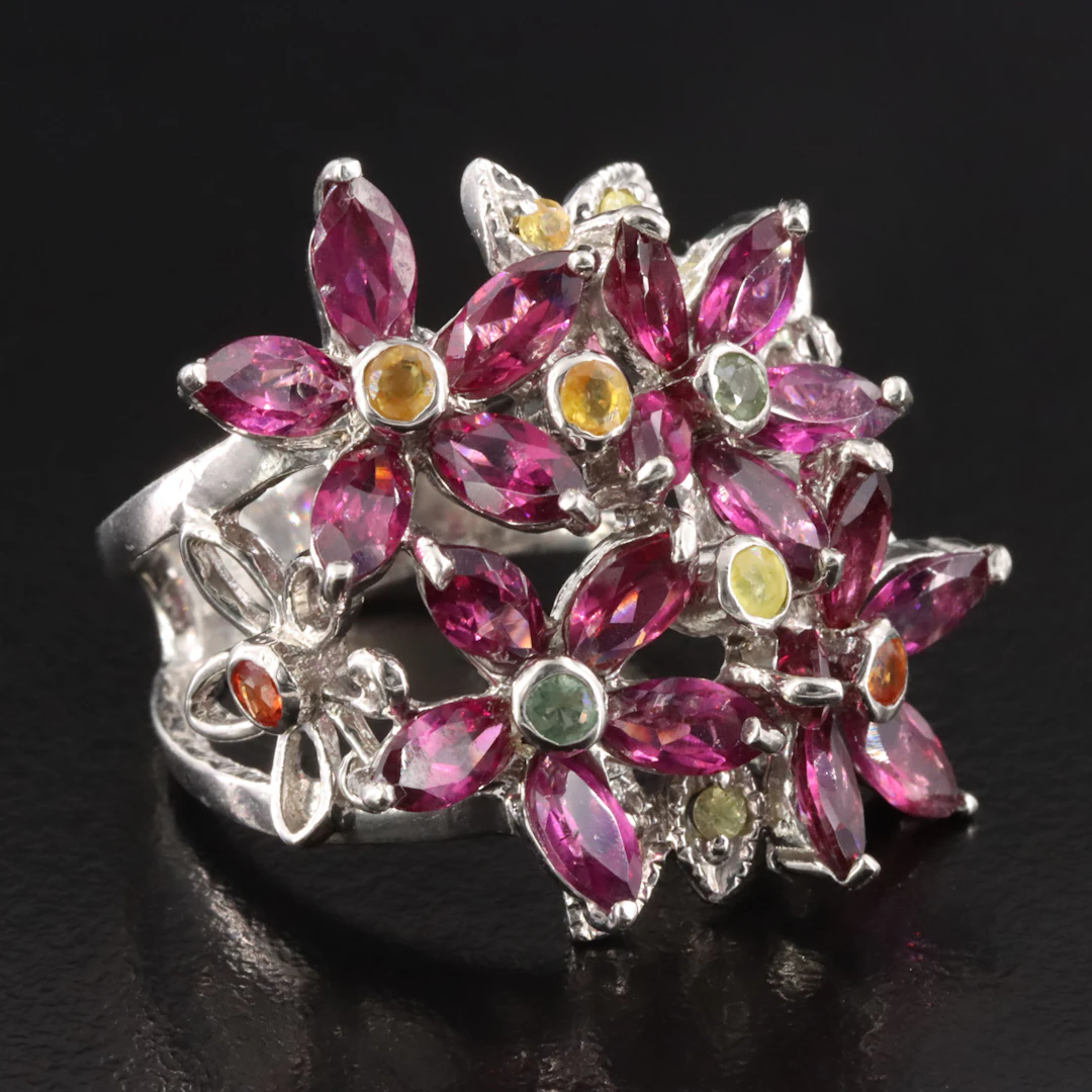 Sterling Garnet and Sapphire Flower Ring