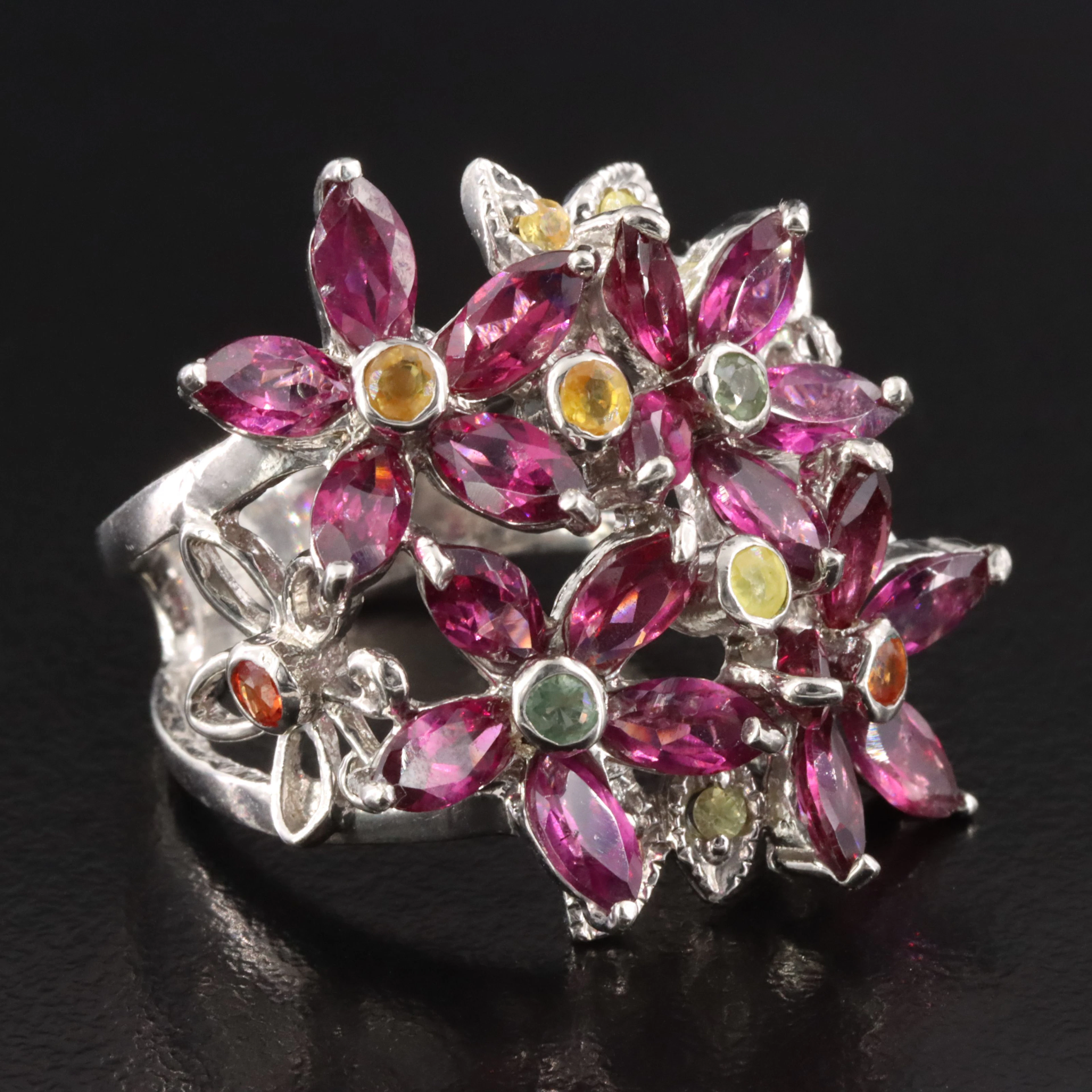 Sterling Garnet and Sapphire Flower Ring