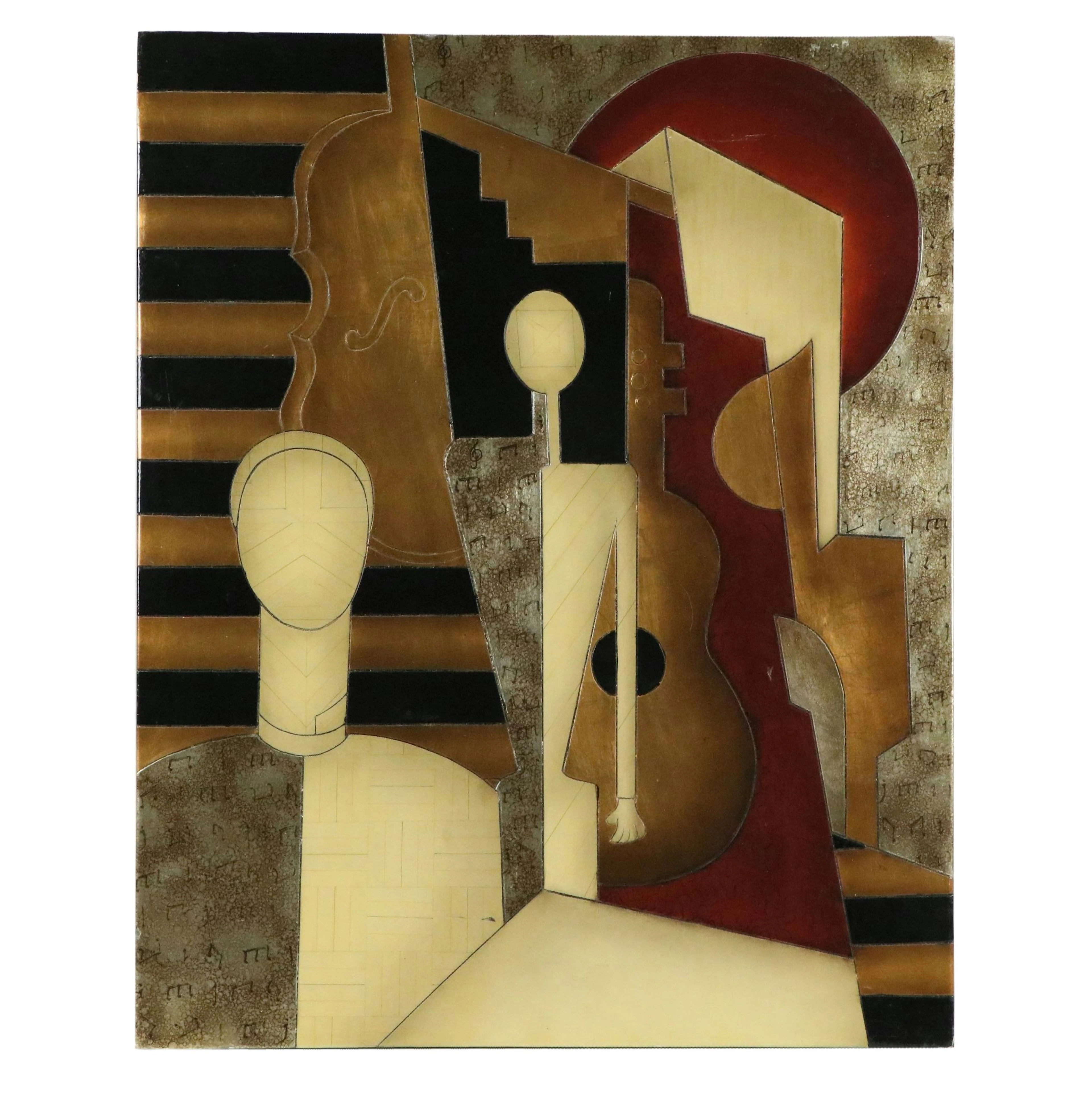 Abstract Geometric Acrylic Painting of Musical Instruments and Figures