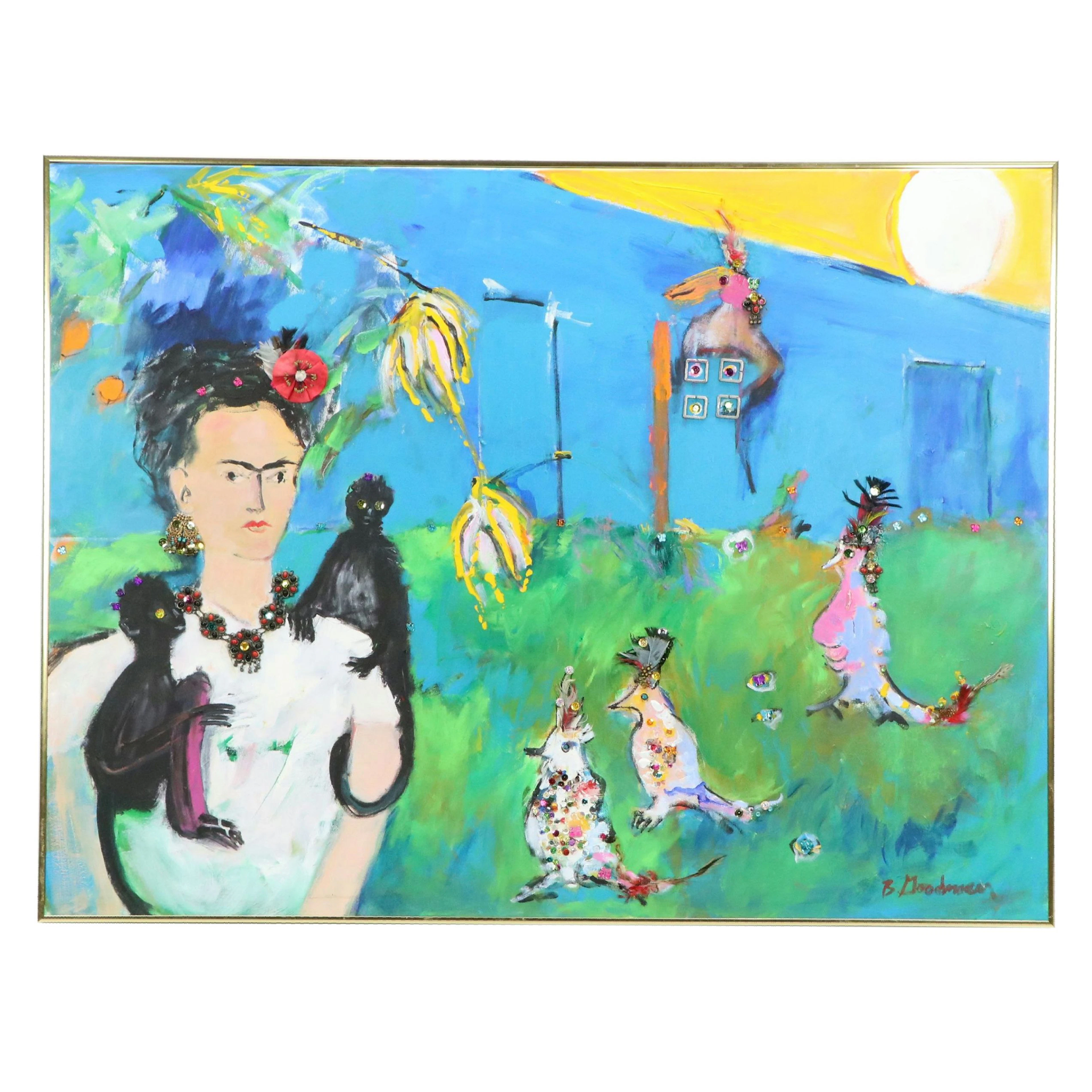 Brenda Goodman Mixed Media Painting of Frida Kahlo with Monkeys in Landscape