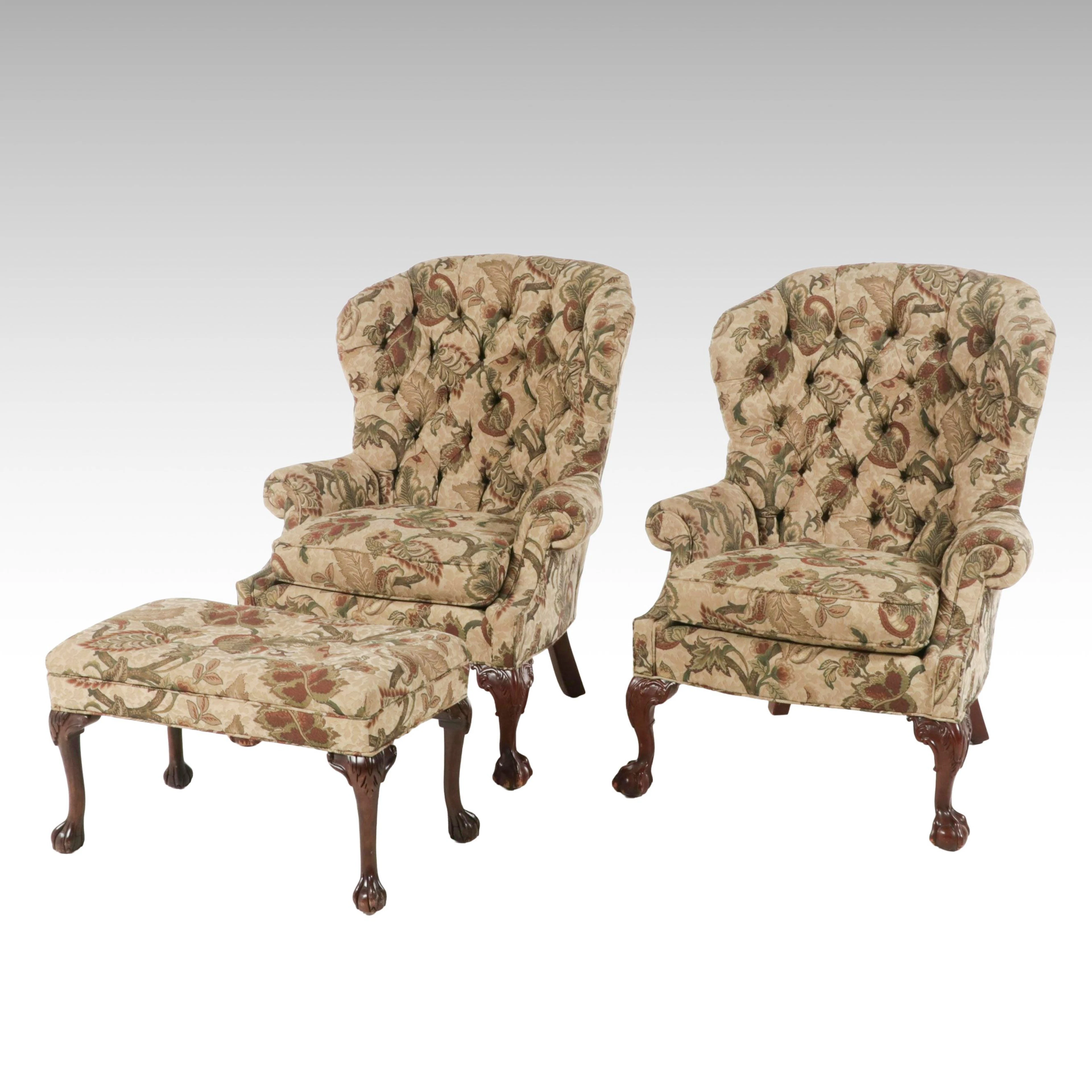 Pair of Century Furniture Chippendale Style Wingback Armchairs and Ottoman