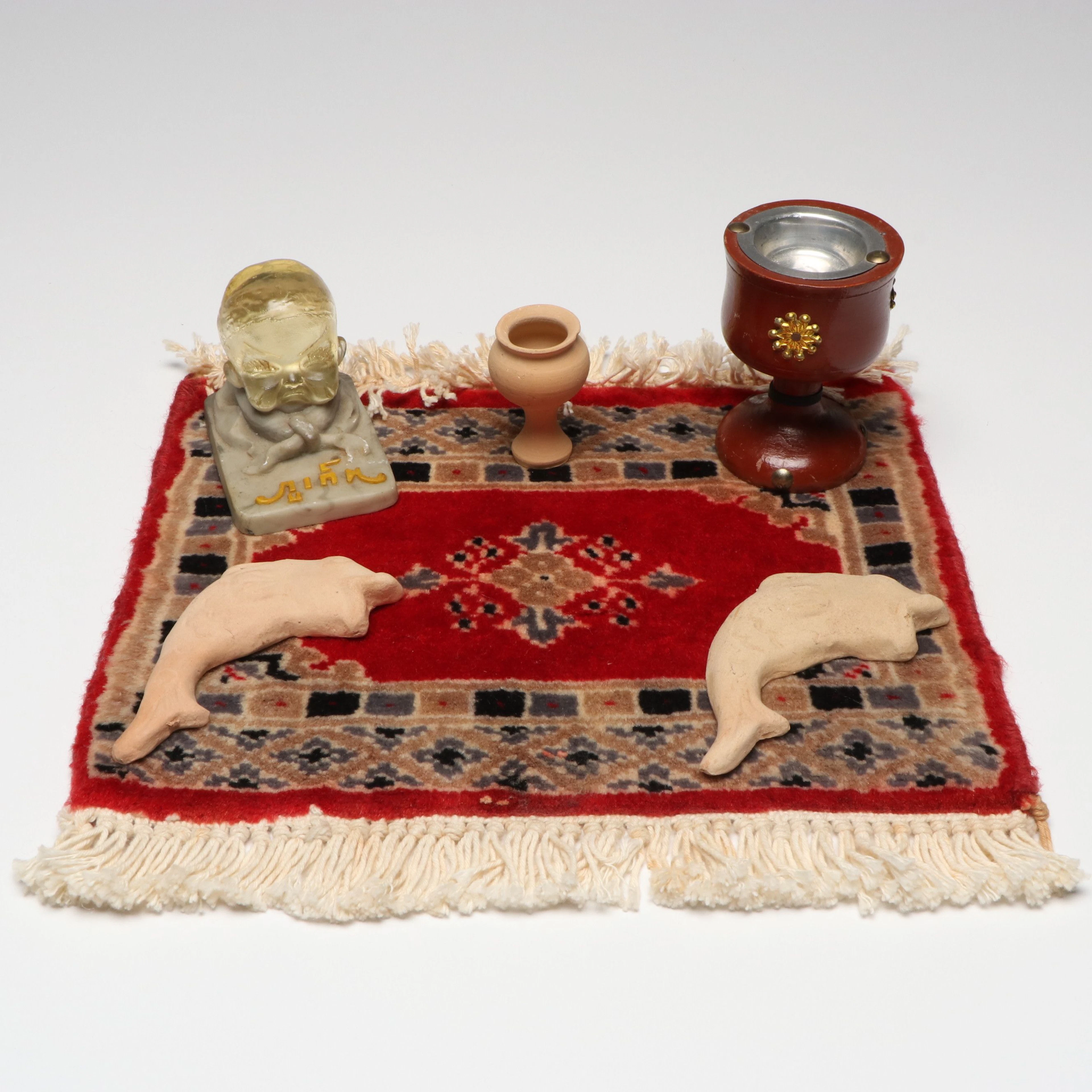 Hand-Knotted Miniature Rug with Votive Candle Holder and Figurines