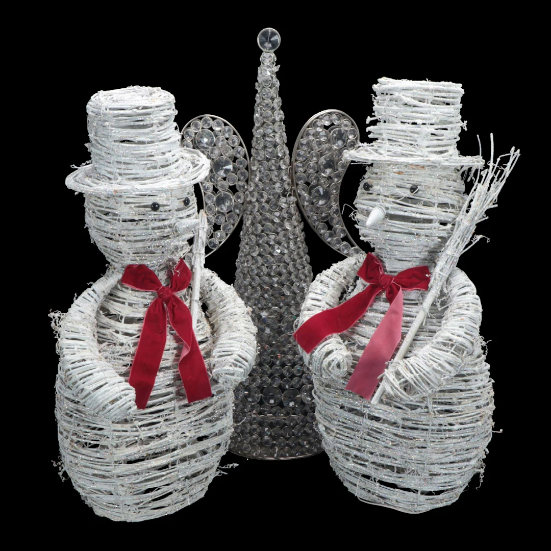 Winter Rattan Snowmen with Beaded Cone Angel Figurine