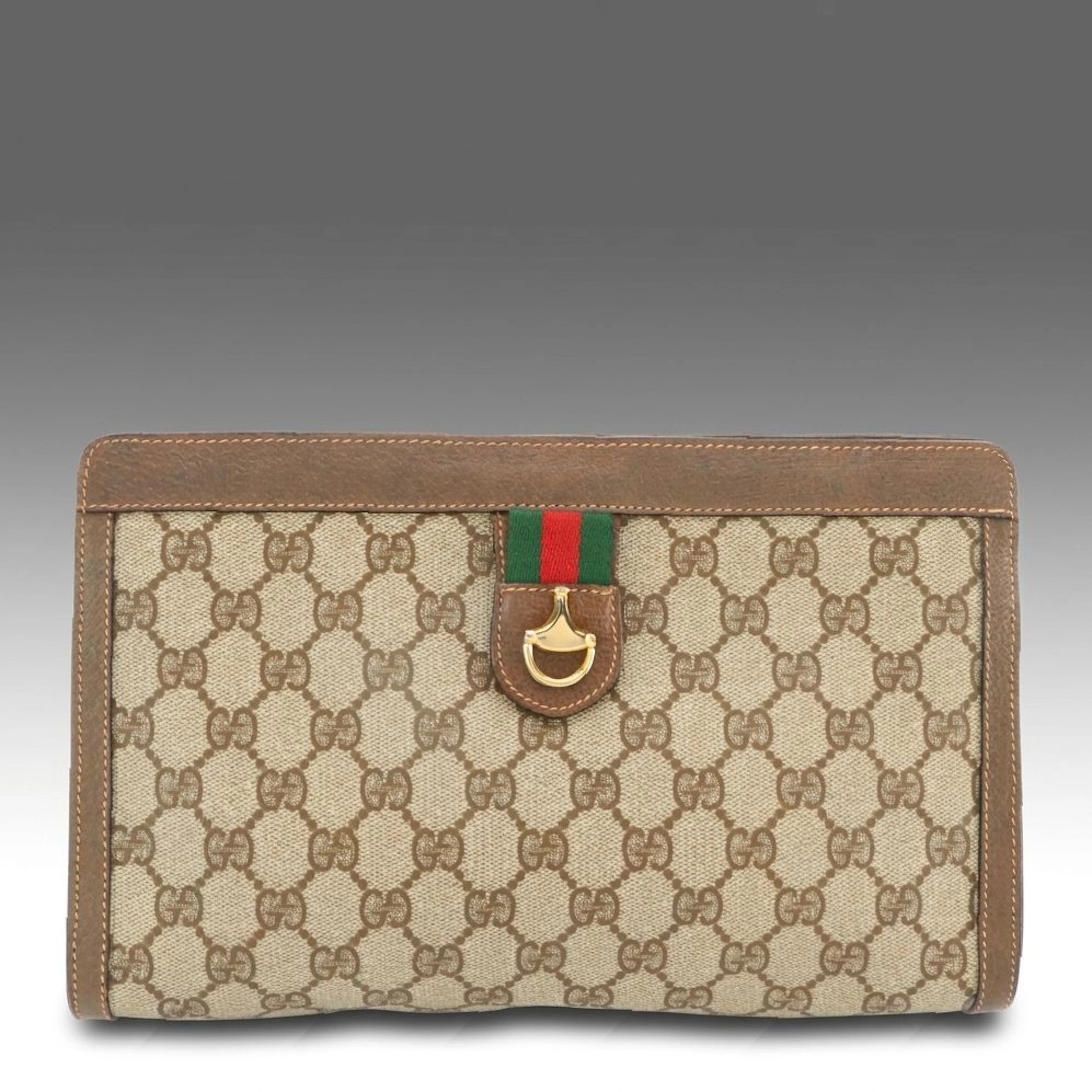Vintage Gucci Web Clutch Bag in GG Supreme Canvas and Brown Pigskin Leather