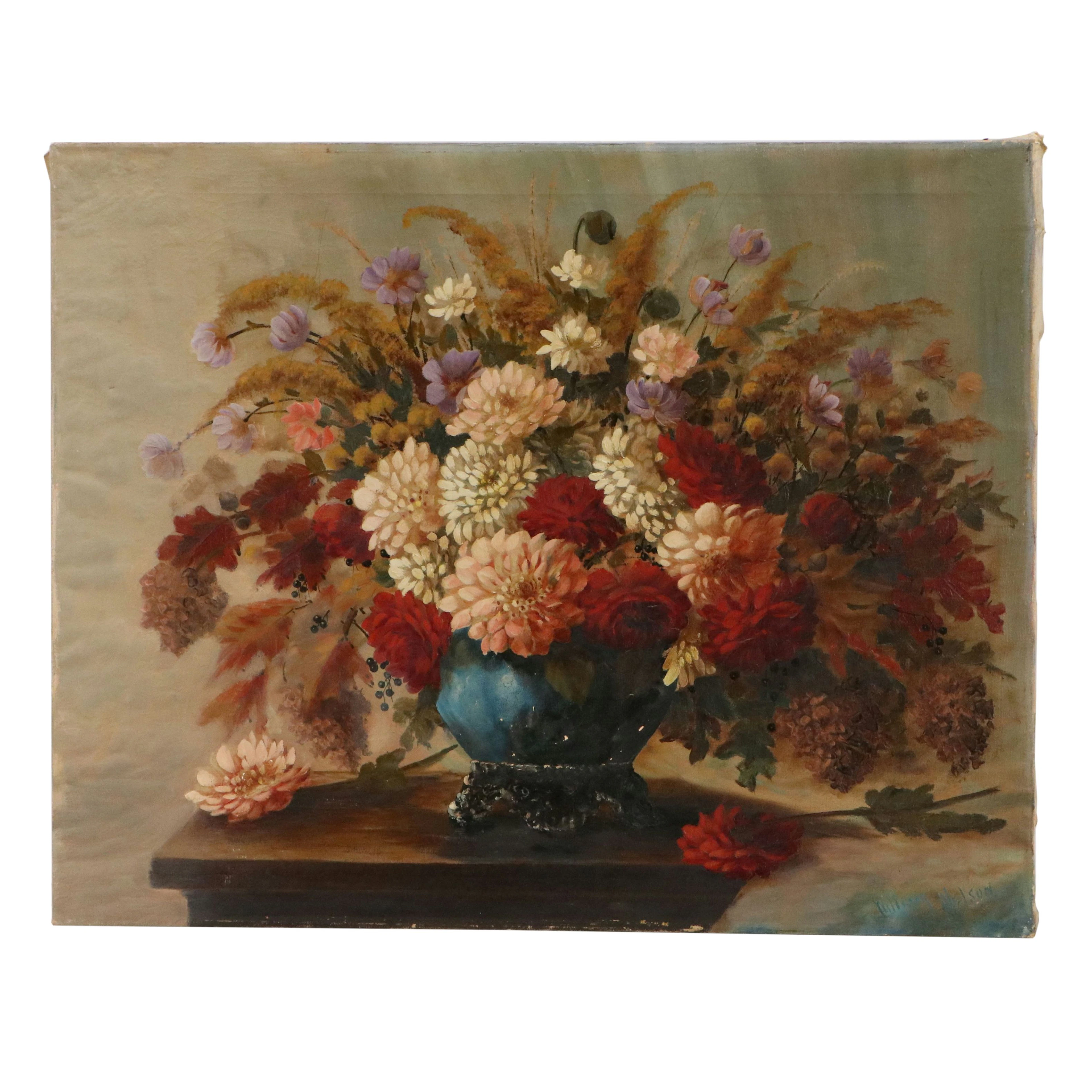 William Nelson Oil Painting of Opulent Floral Still Life, Late 19th to 20th C.