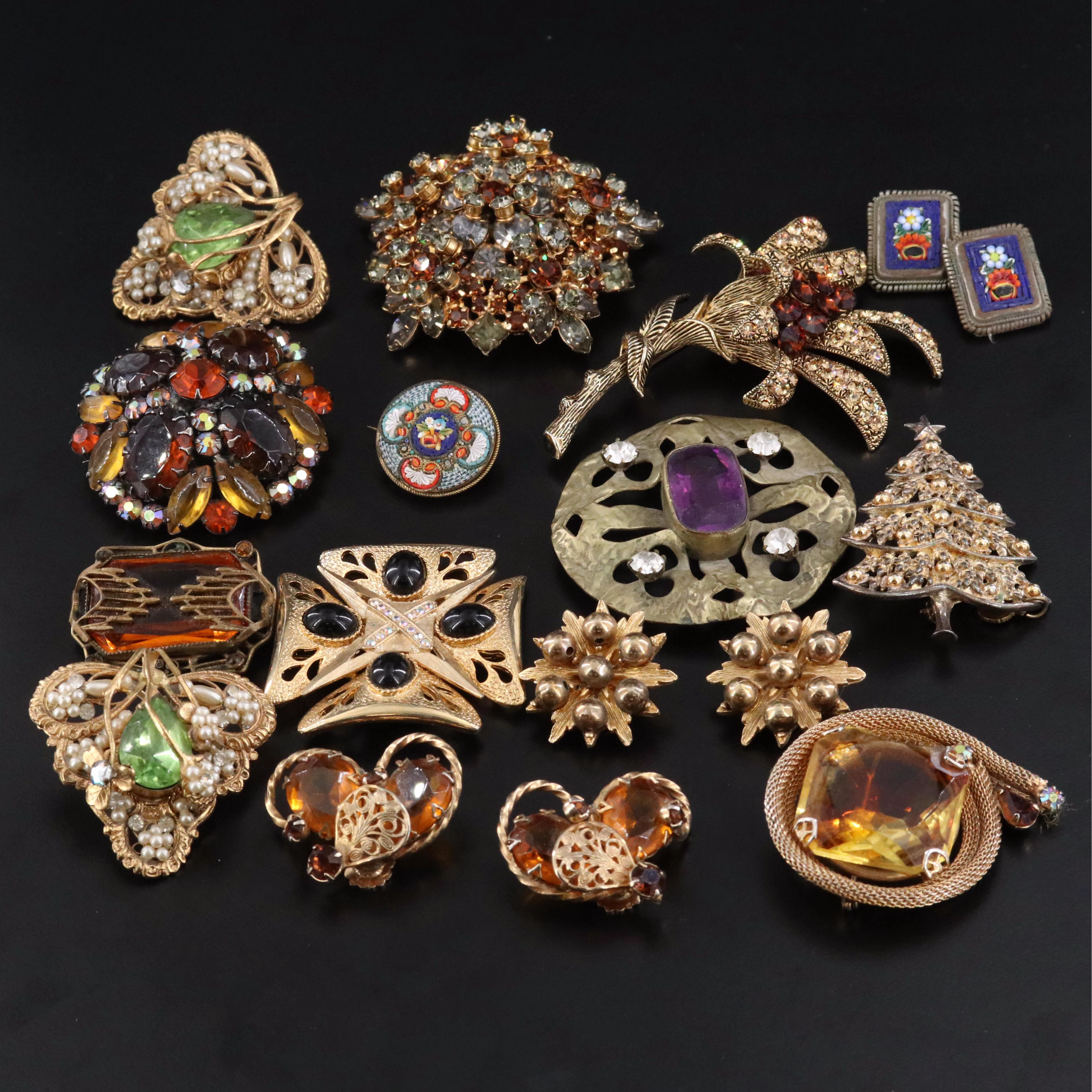 Vintage Brooch and Earring Collection Featuring Micro Mosaic and Rhinestone