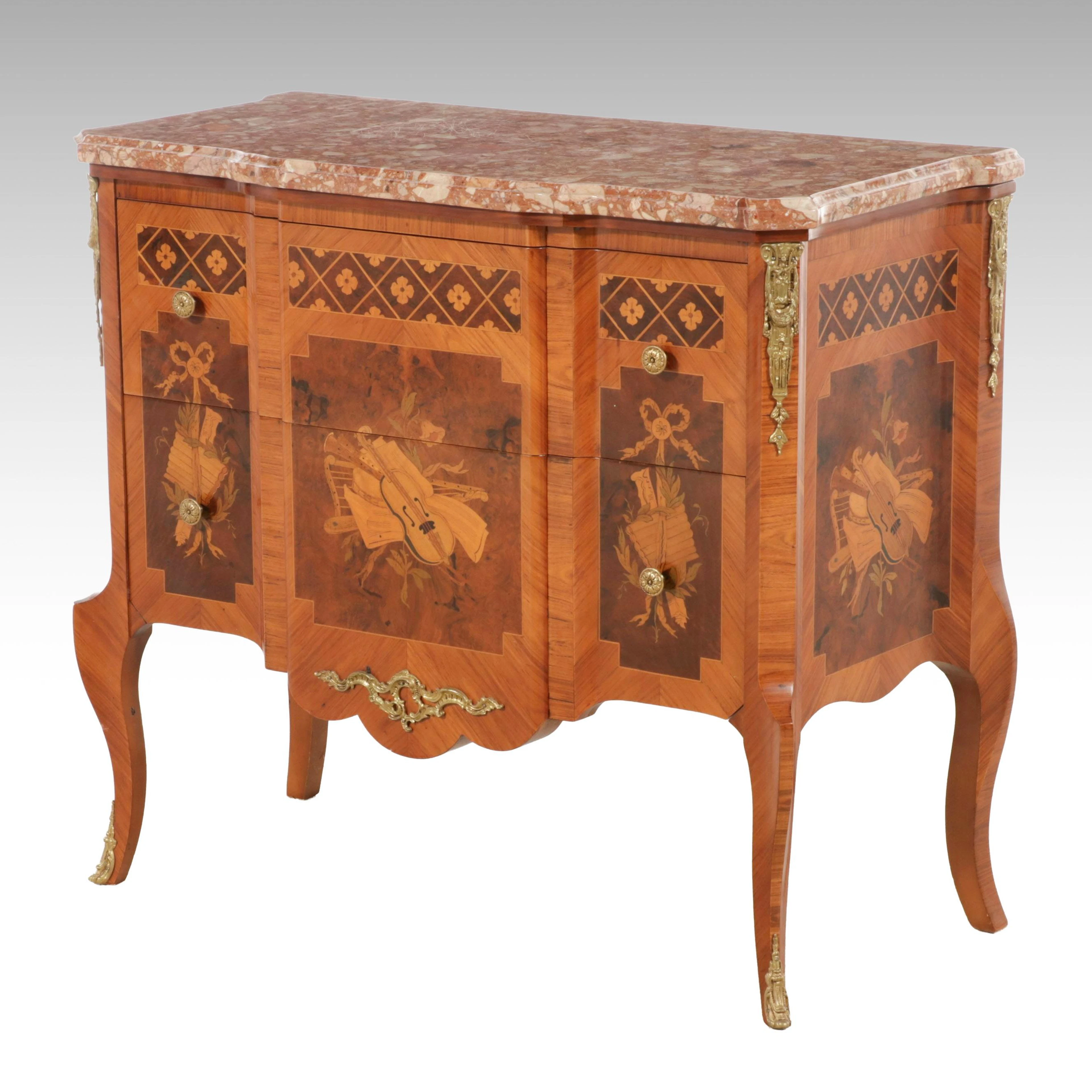 Louis XV Style Marquetry Marble-Top Commode, Late 20th Century