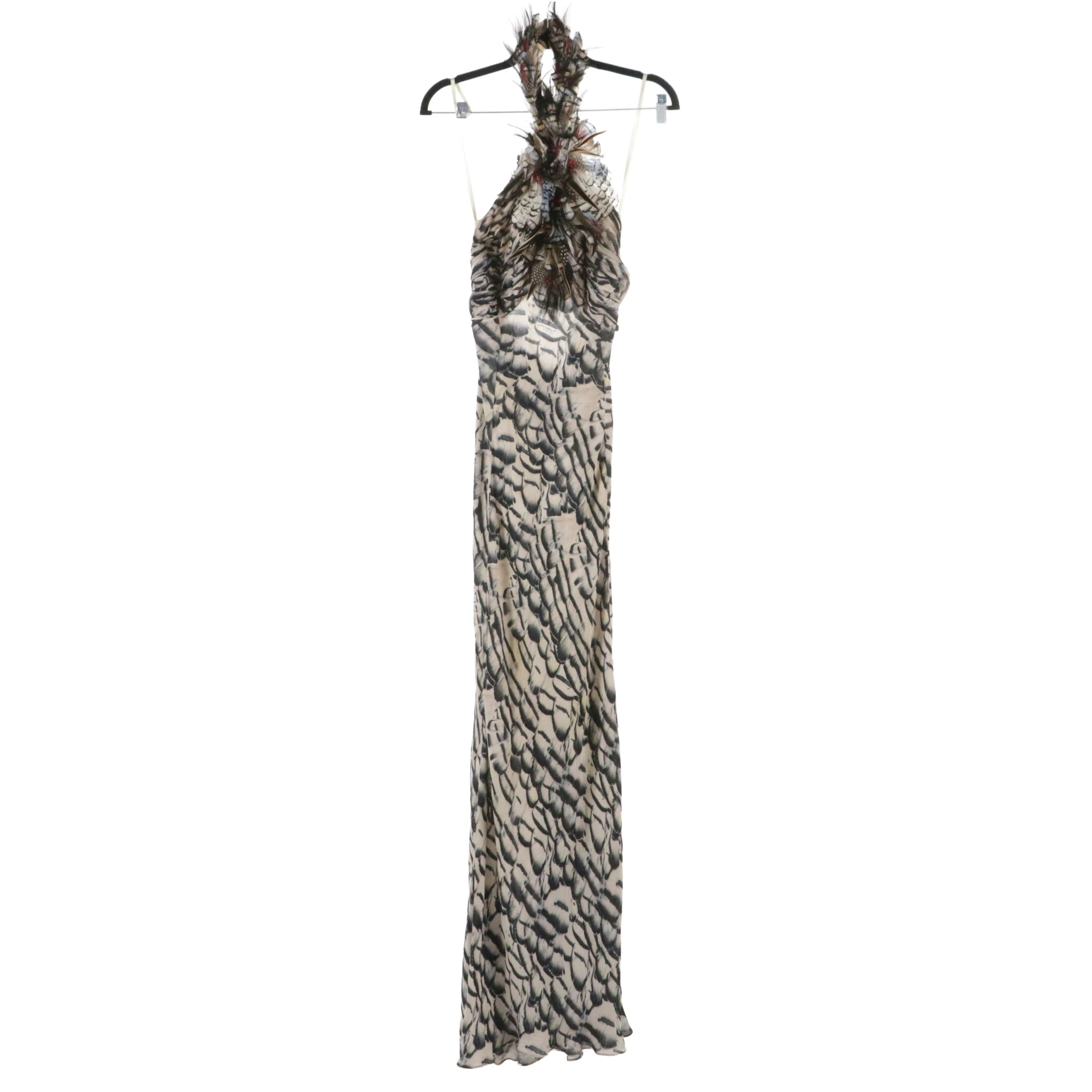 Roberto Cavalli Feather Embellished and Printed Silk Halter Gown