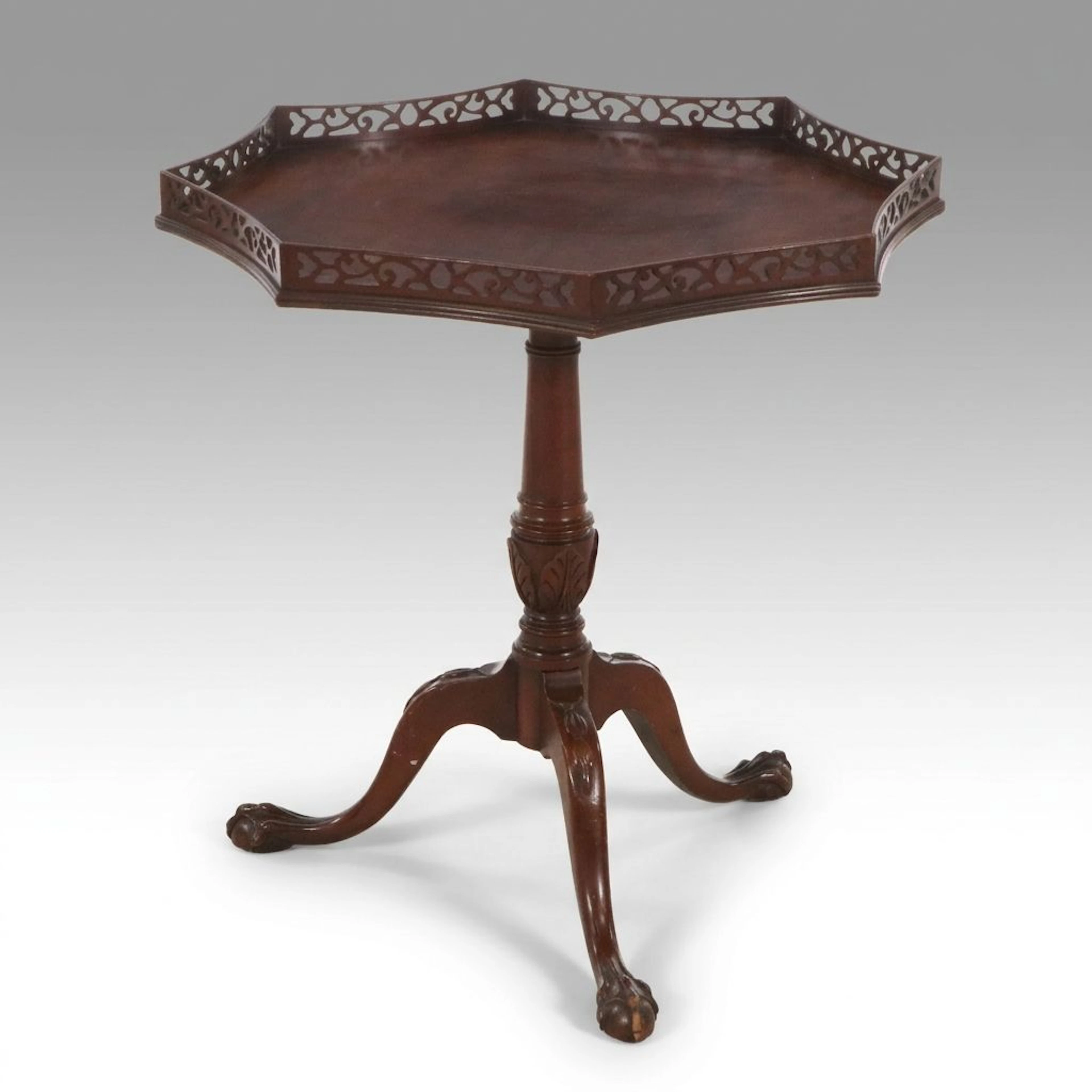 Brandt Chippendale Style Mahogany Fretwork Gallery Tilt-Top Tea Table