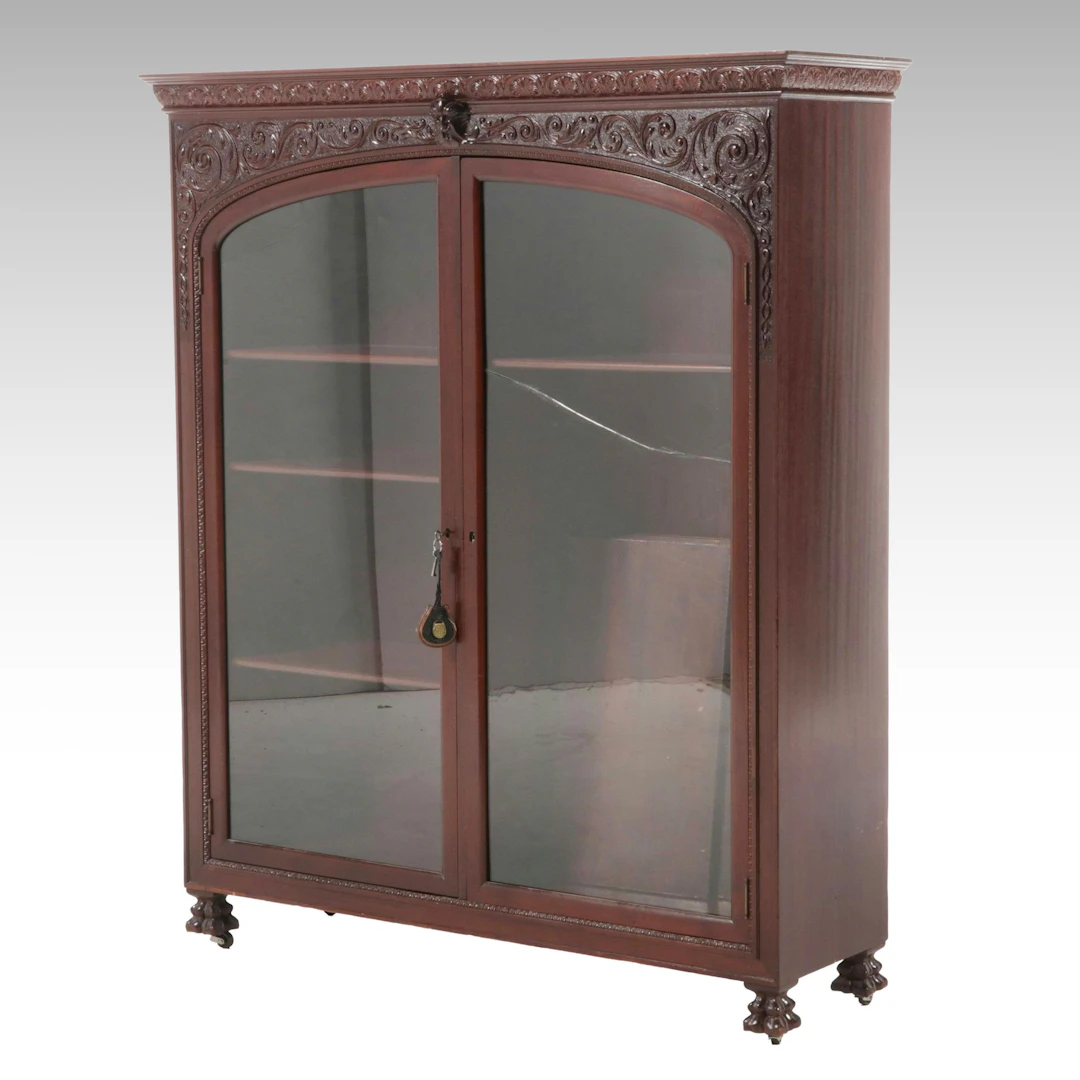 Victorian Style Carved Oak Glass-Door Display Cabinet, 20th Century