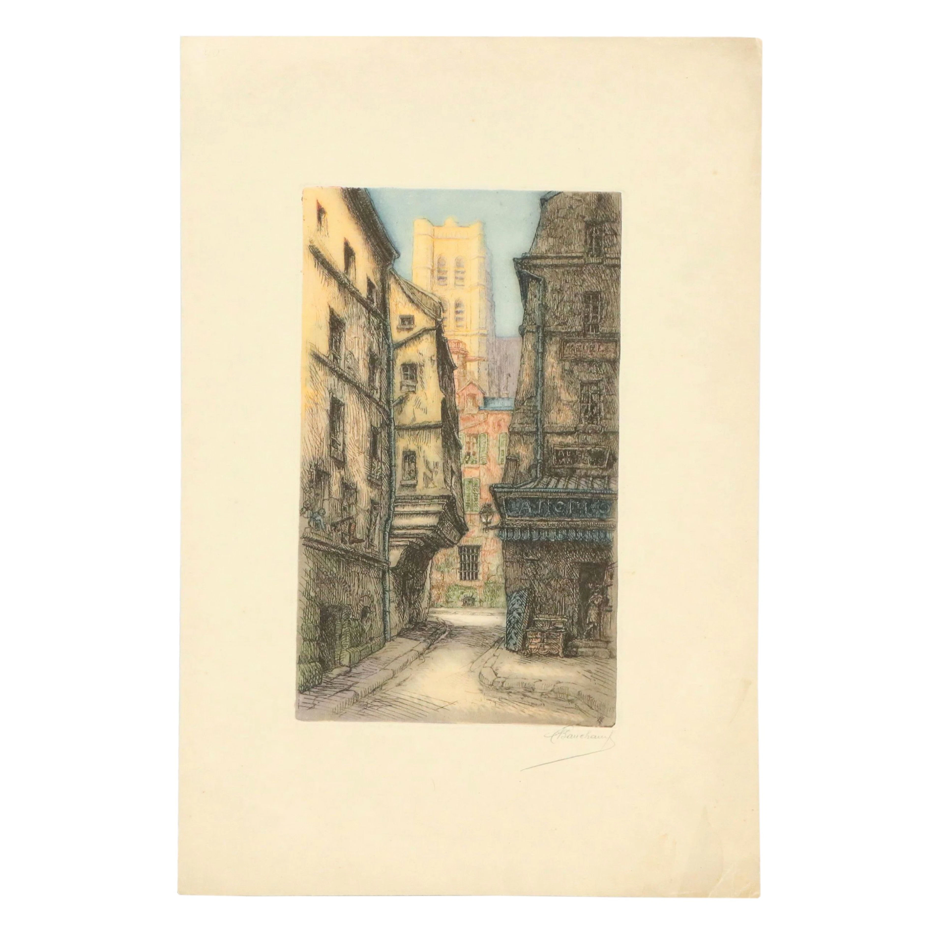 Etching À La Poupée of European Alleyway, Circa Mid-20th Century