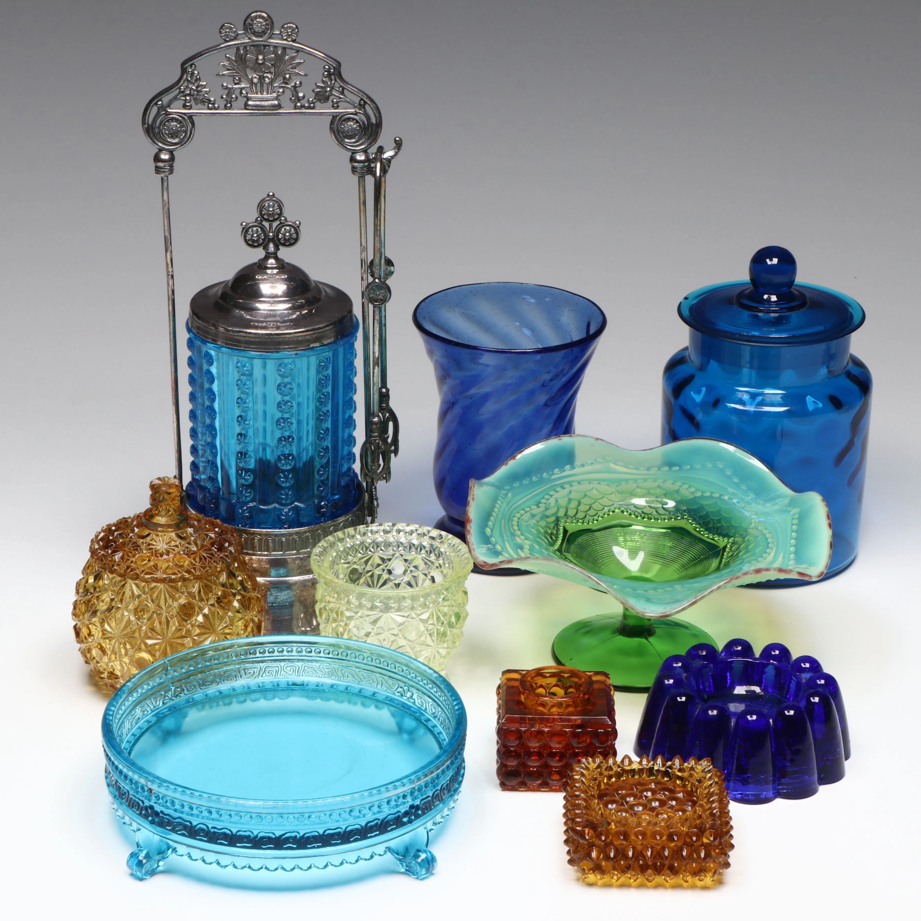 Uranium Glass Toothpick Holder, Dugan Compote and More Multicolored Glassware