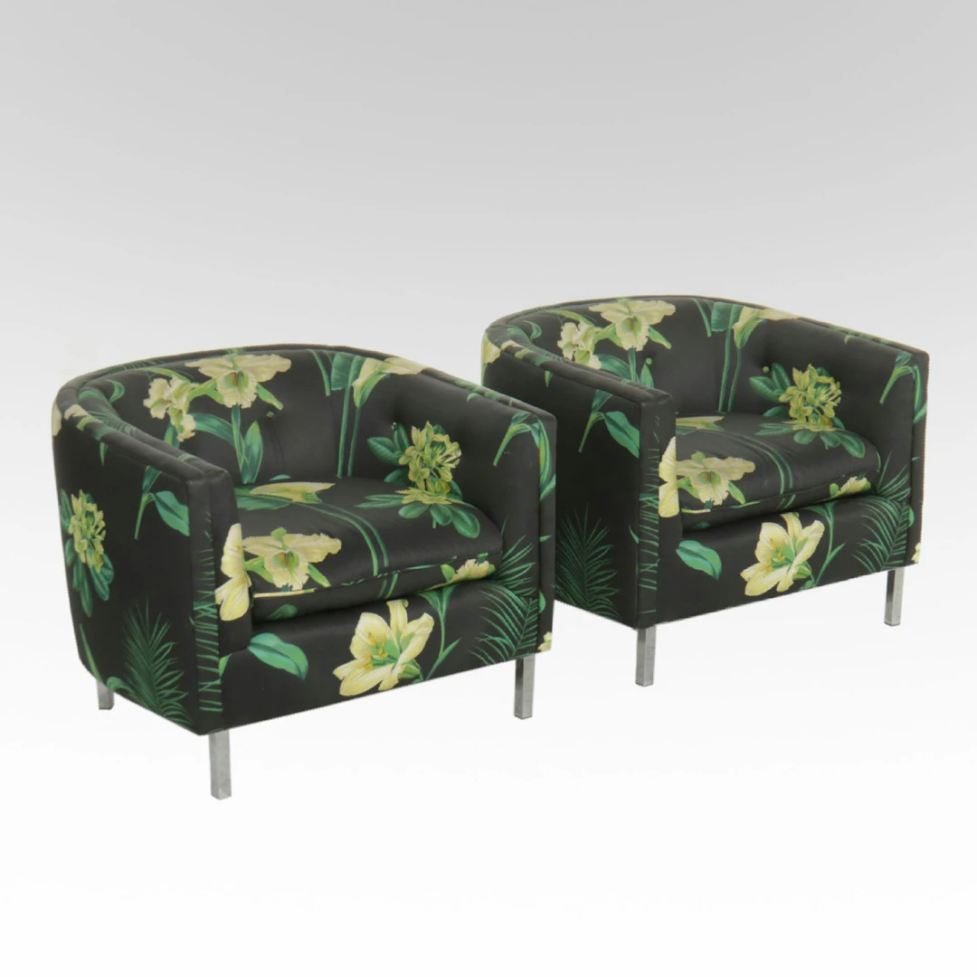Pair of Modernist Black Floral and Chrome Club Chairs, Late 20th Century