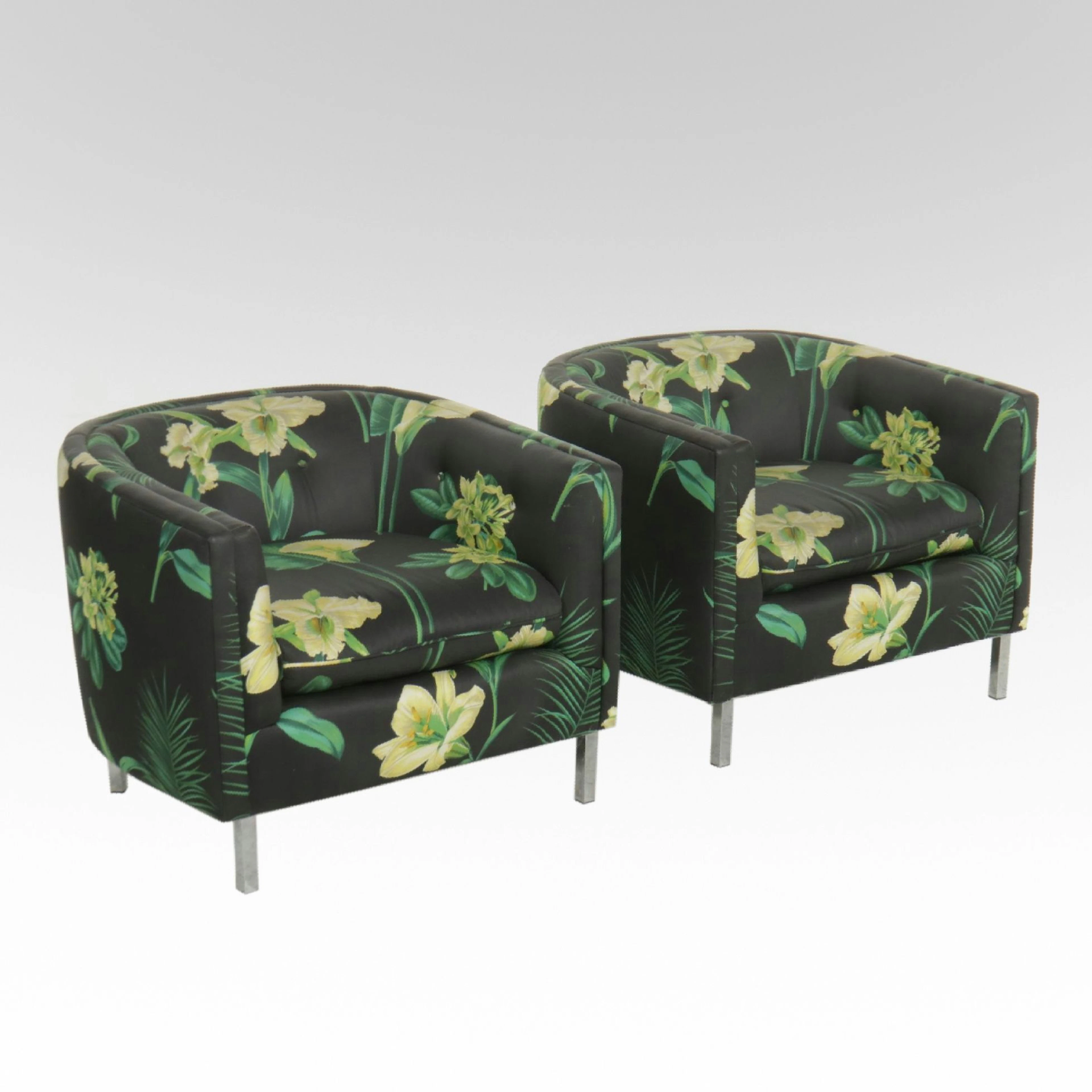 Pair of Modernist Black Floral and Chrome Club Chairs, Late 20th Century