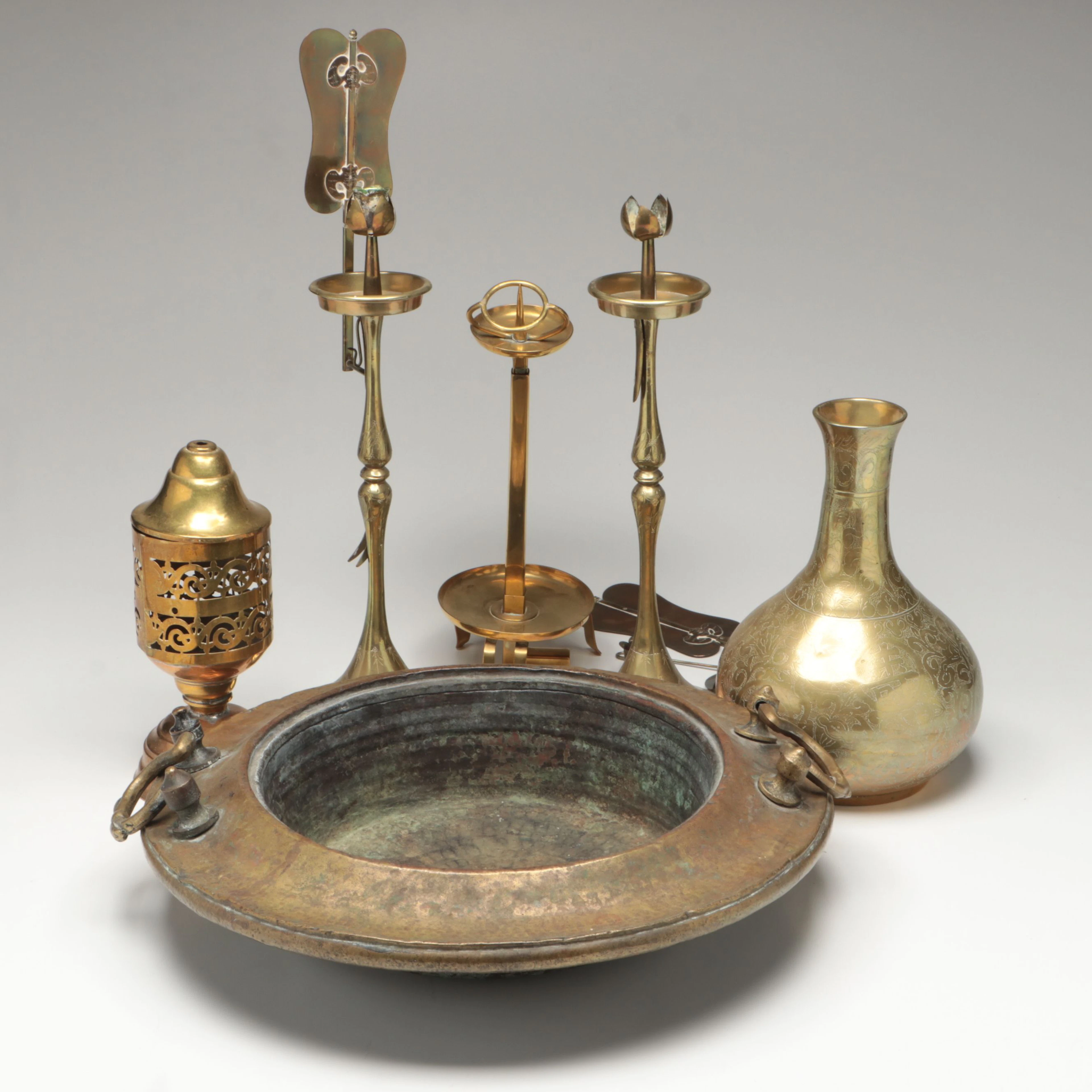 Etched Floral Brass Candle Holder Pair and More Brass Table Décor