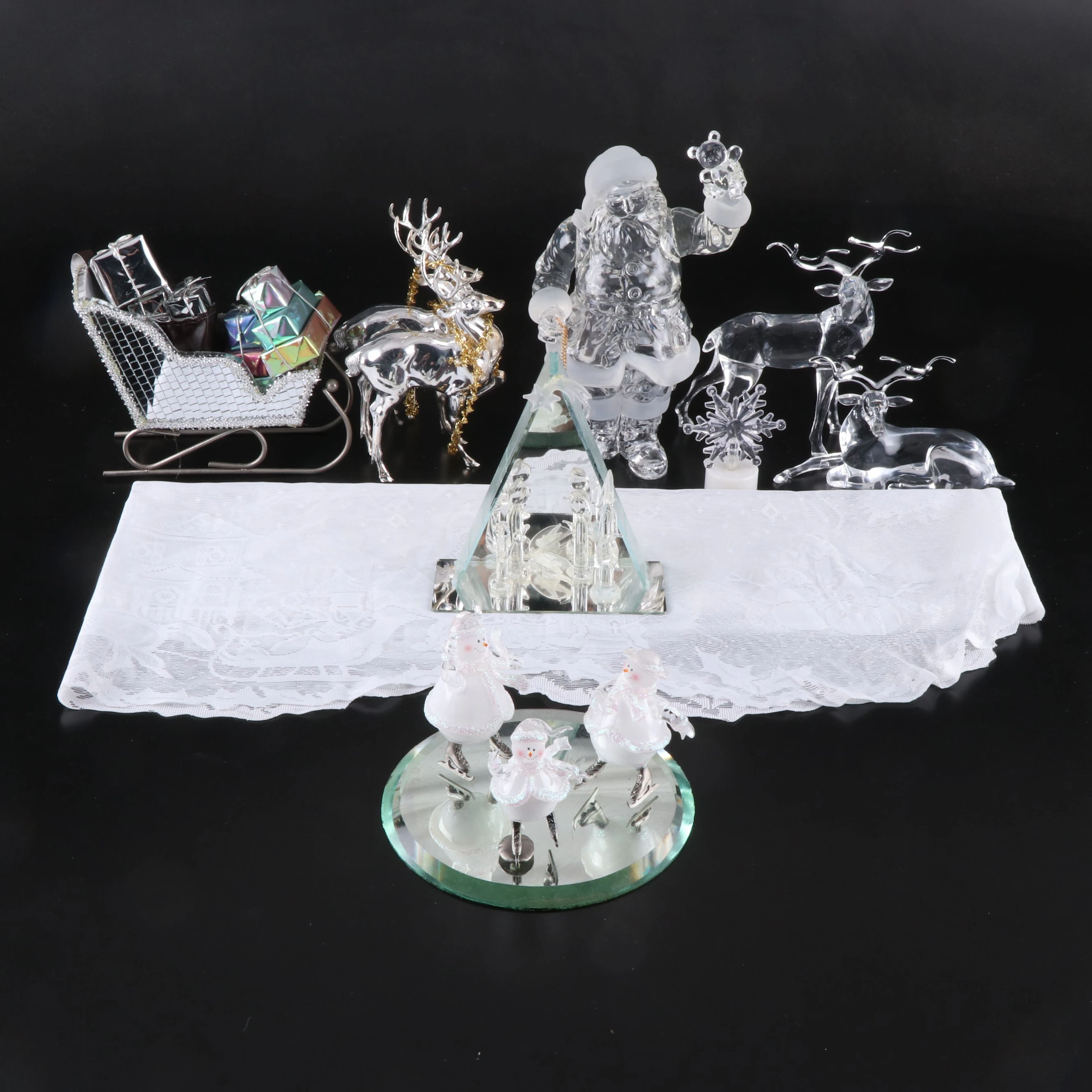 Christmas Reindeer, Santa and Snowman Figurines with Table Linen