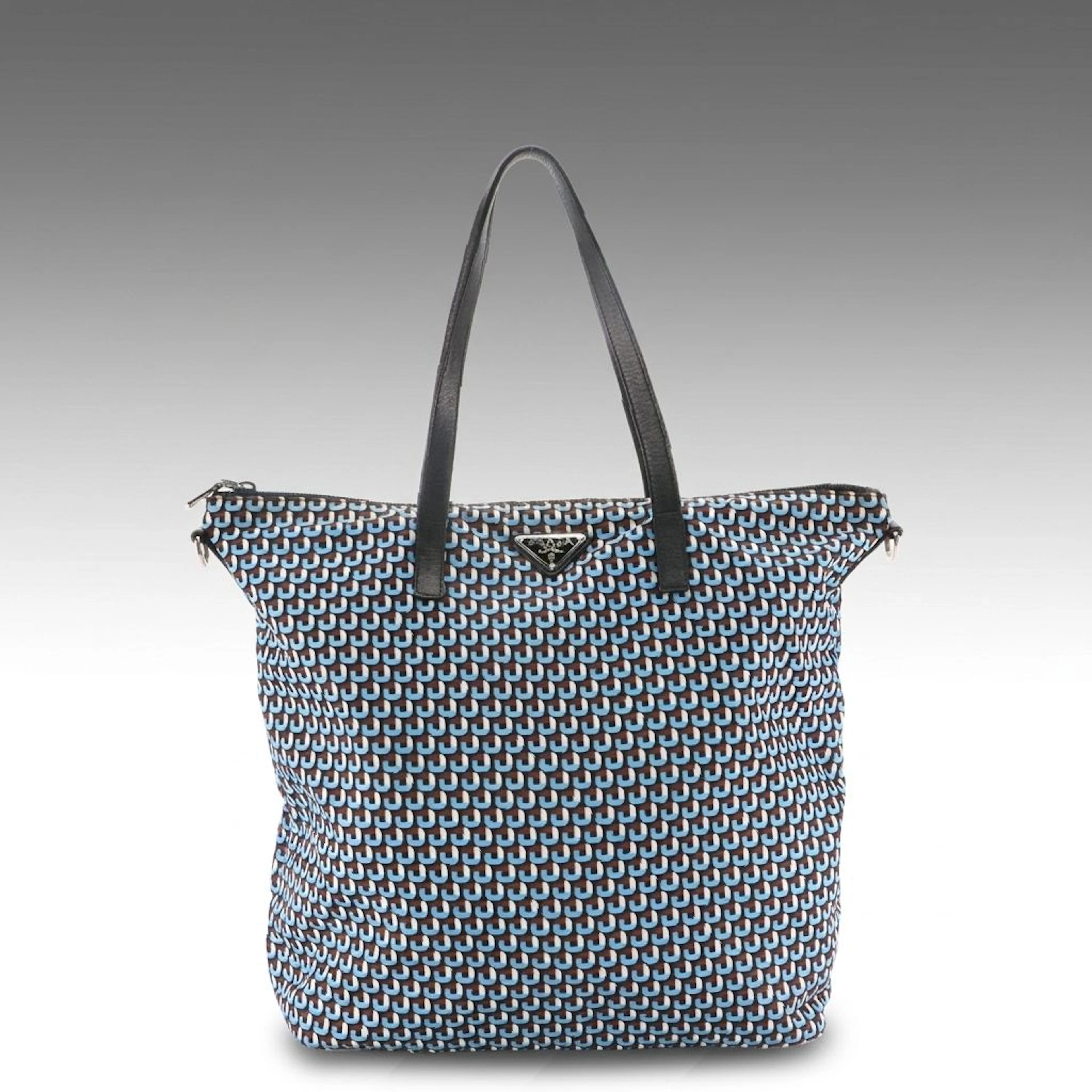 Prada Zip Tote in Blue, Brown & White Geometric Pattern Tessuto Nylon & Leather