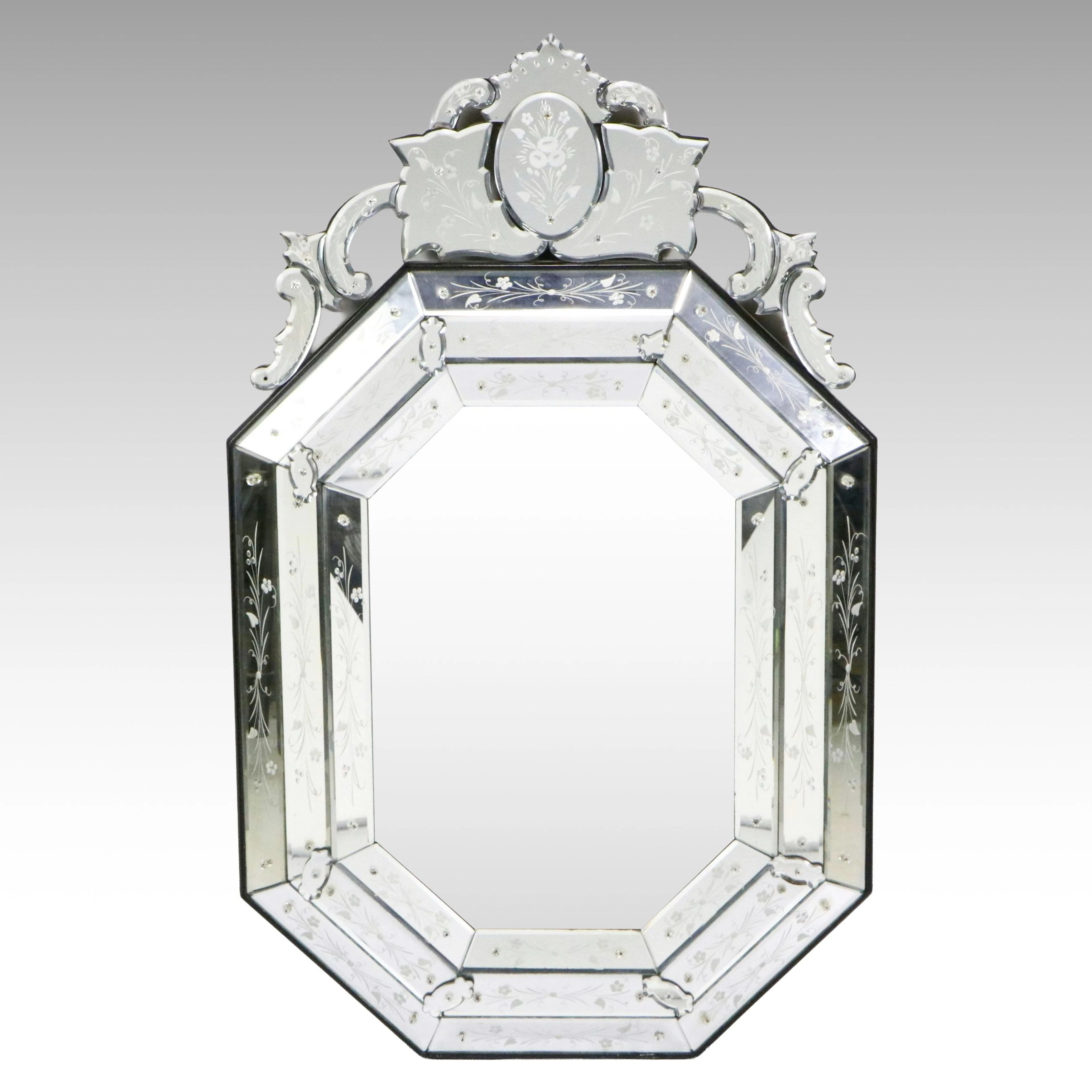 Venetian Style Beveled and Etched Glass Wall Mirror, Mid to Late 20th Century