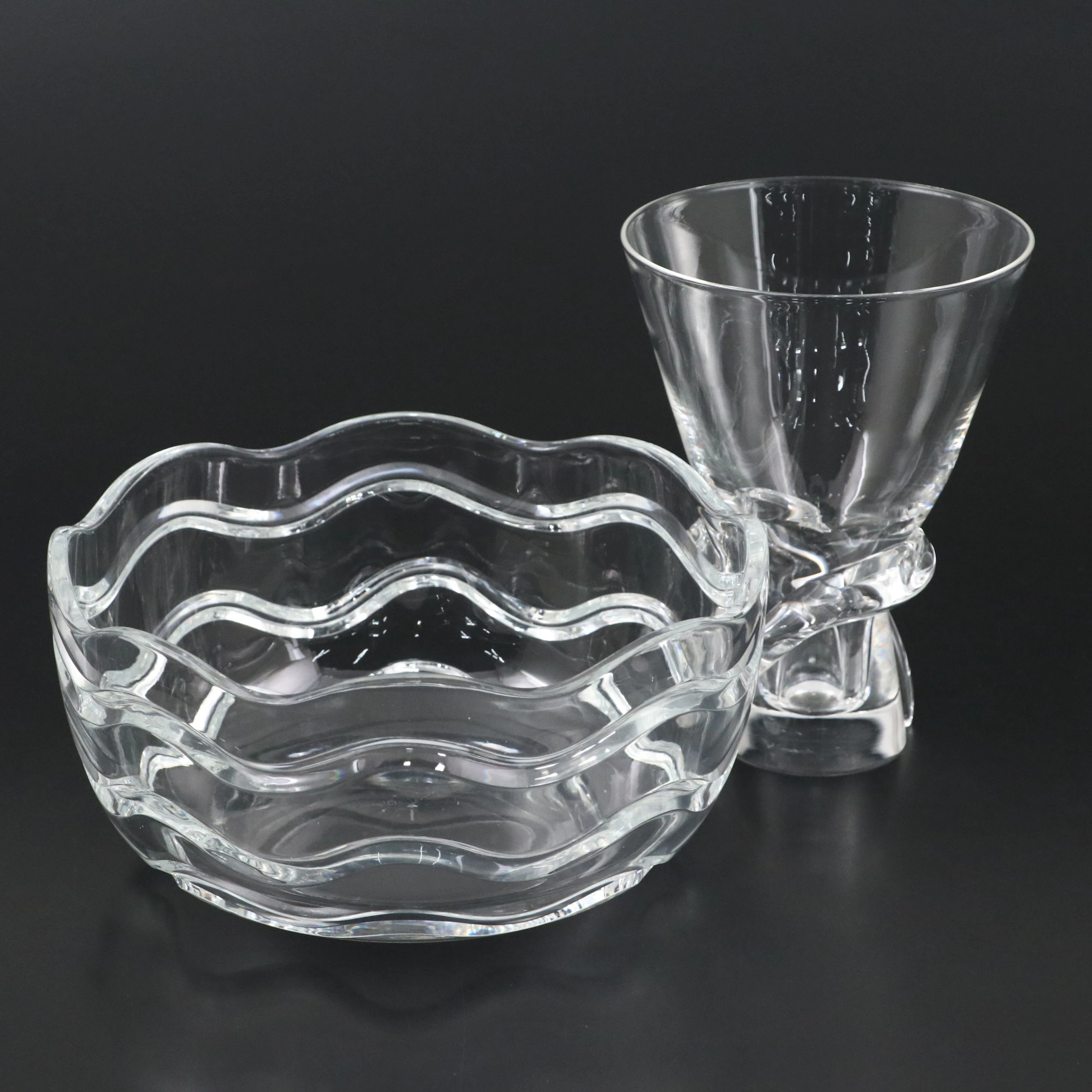 Steuben Art Glass "Spiral" Vase Designed by Donald Pollard with Crystal Bowl