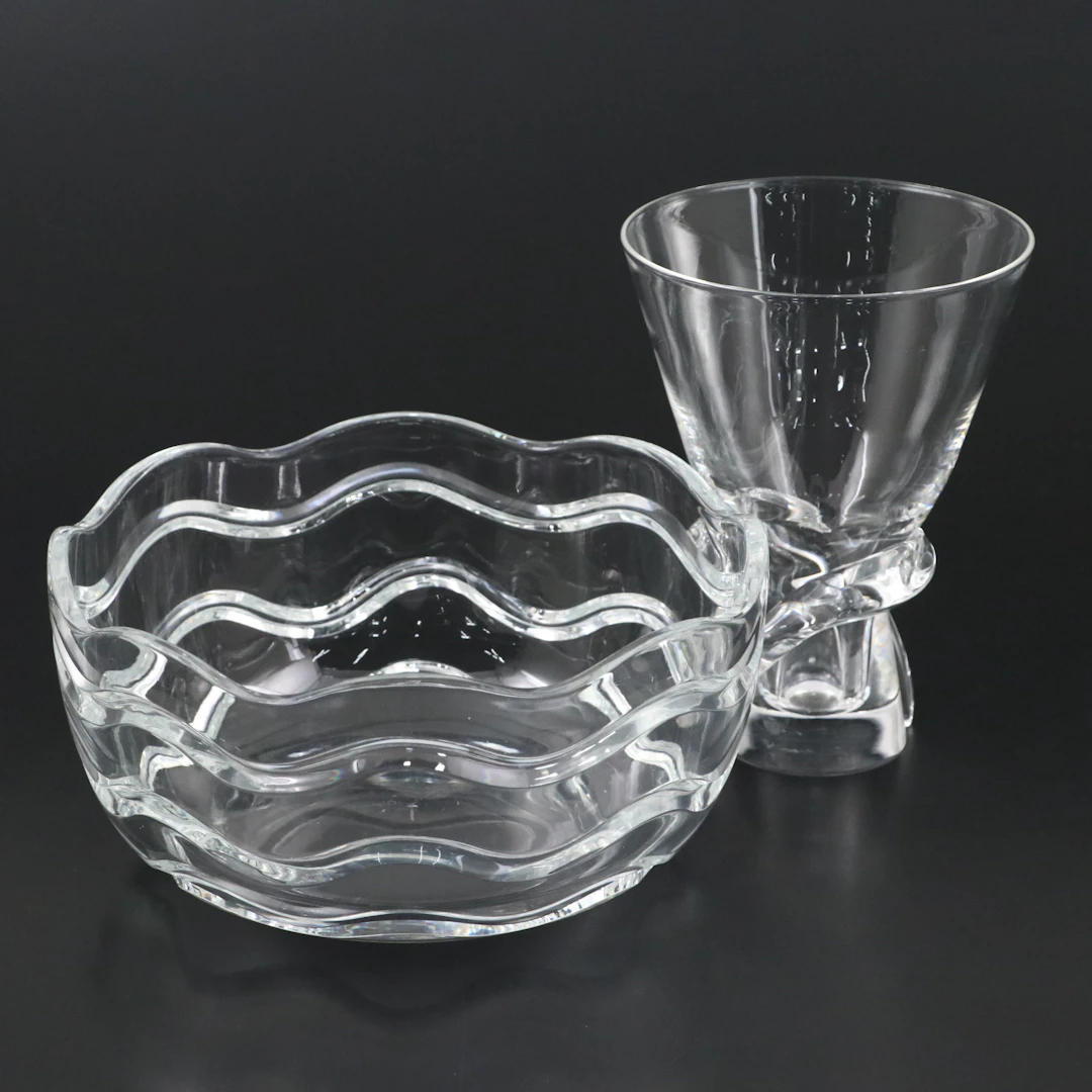 Steuben Art Glass "Spiral" Vase Designed by Donald Pollard with Crystal Bowl