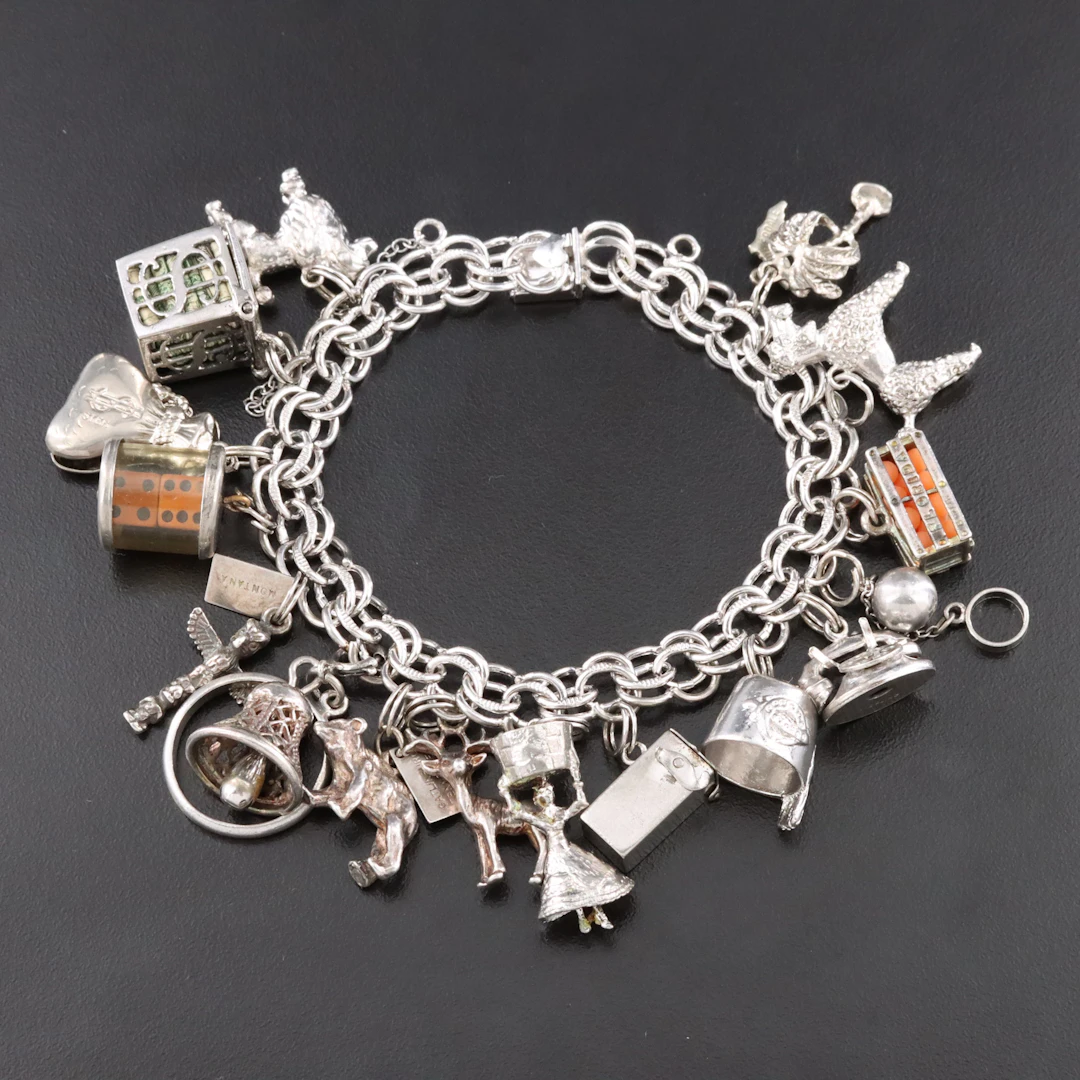 Sterling Charm Bracelet Including Florida Orange Crate & Dice