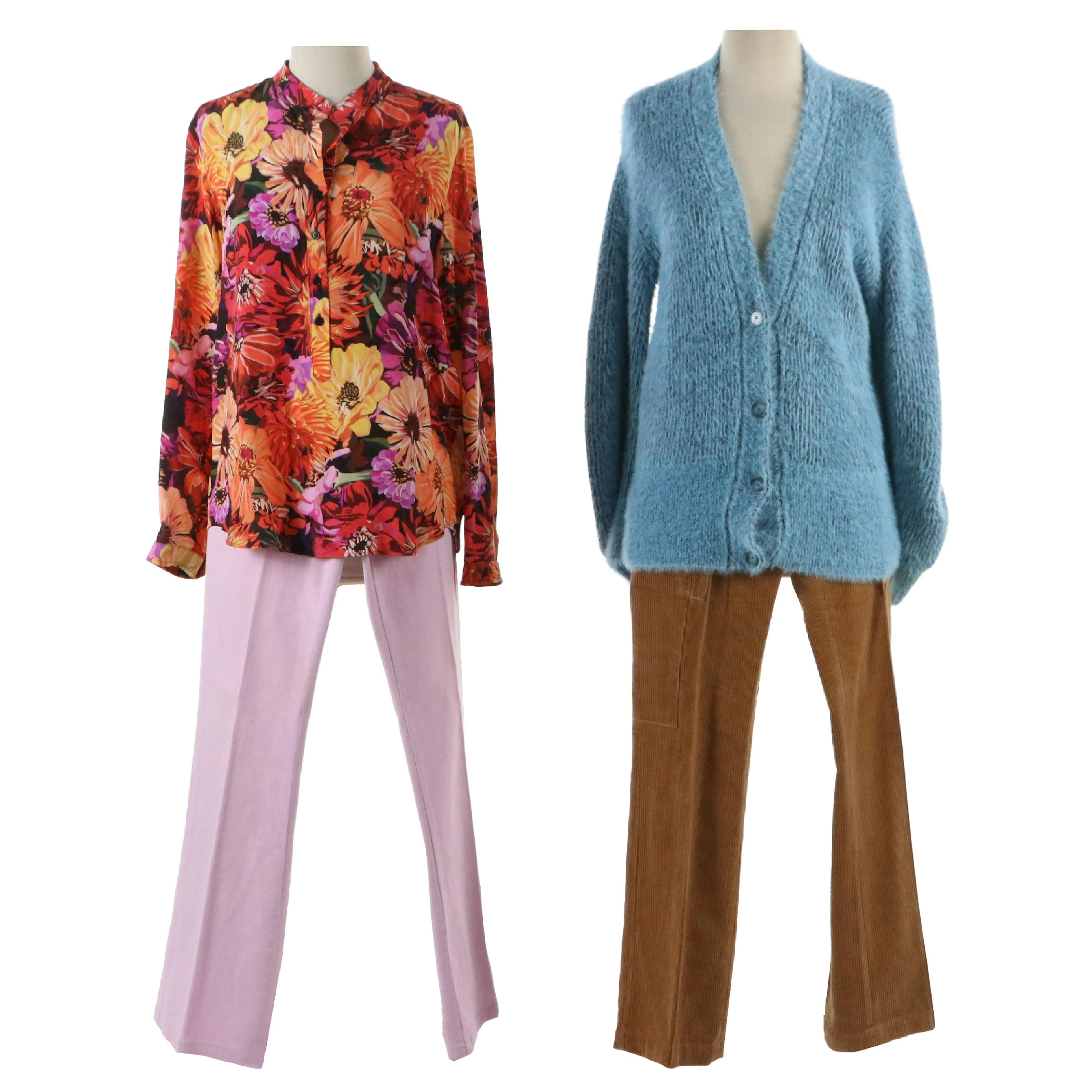 Stella McCartney Silk Floral Long Sleeve Blouse, Blue Wool Cardigan and Pants
