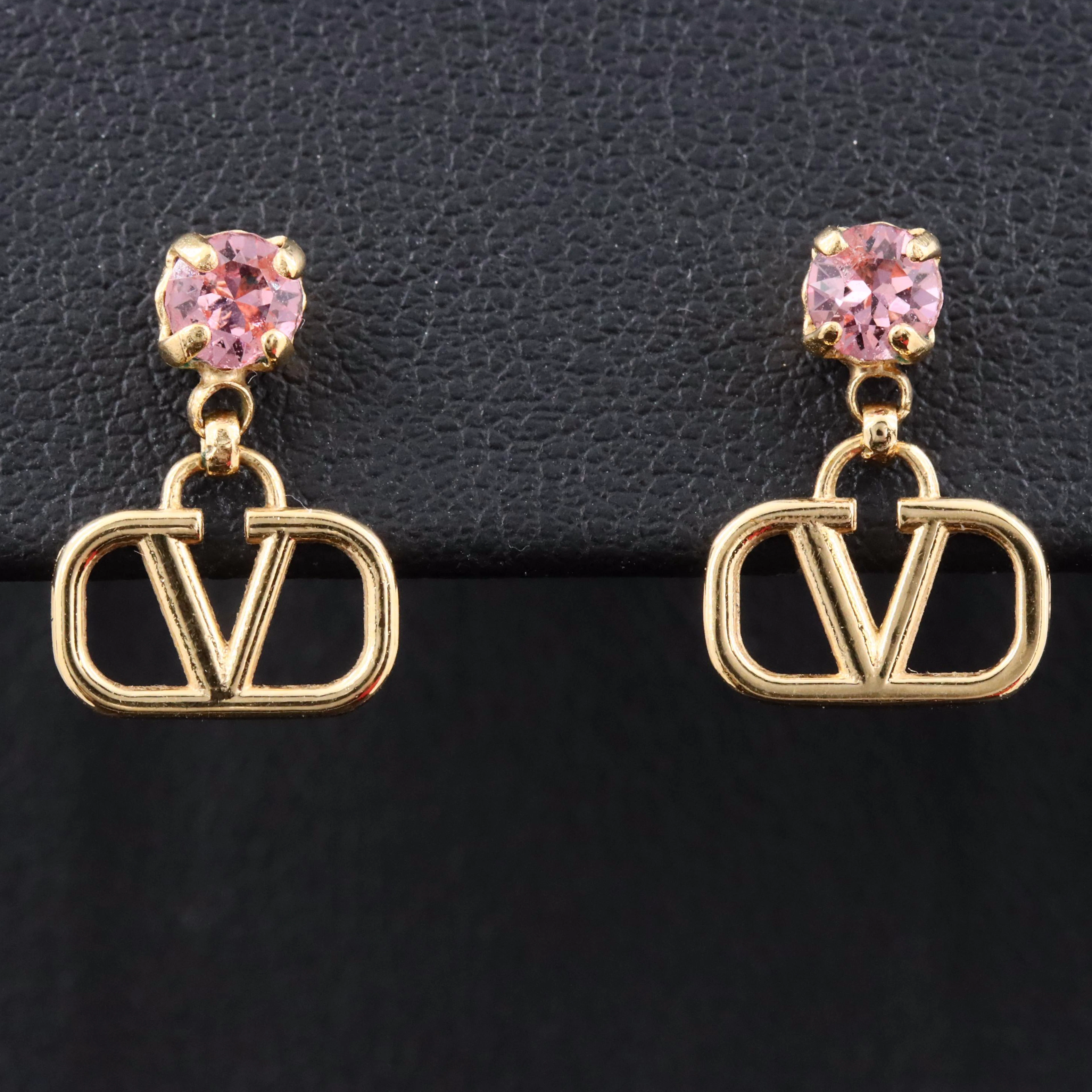 Valentino Garavani V Logo and Pink Crystal Earrings