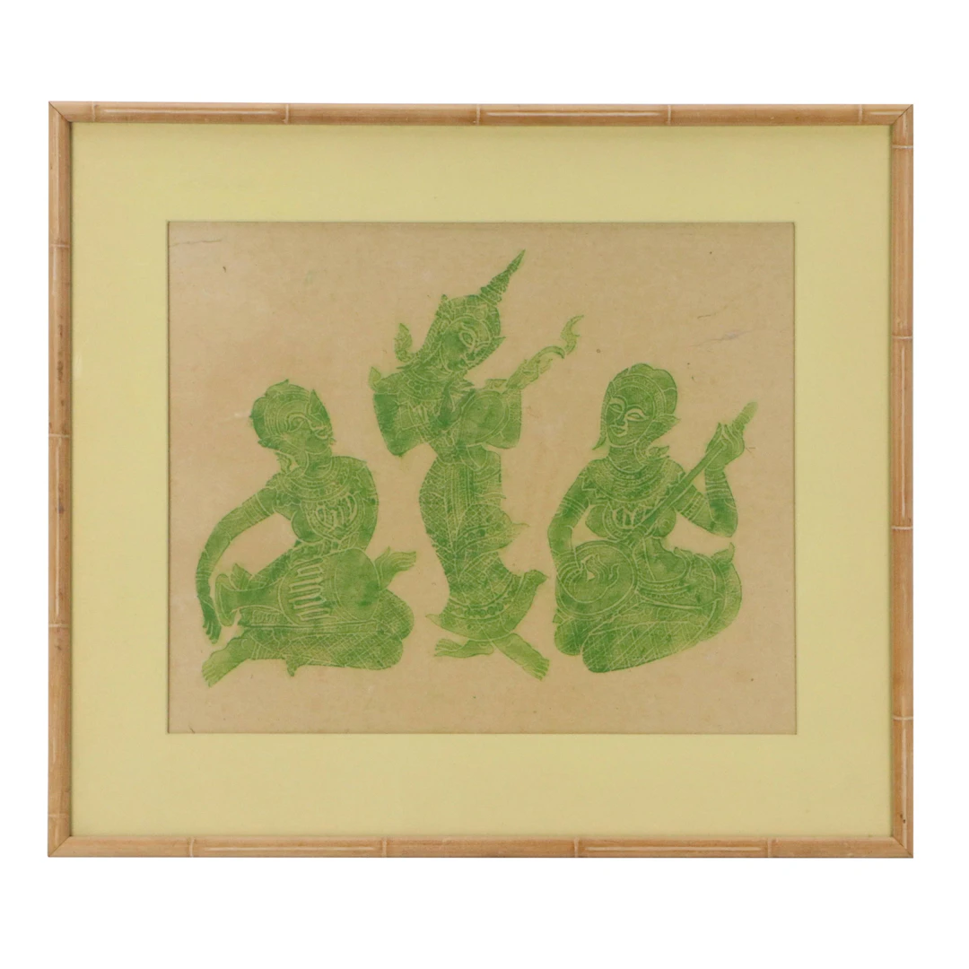 Thai Temple Rubbing of Deities with Instruments, Mid-20th Century