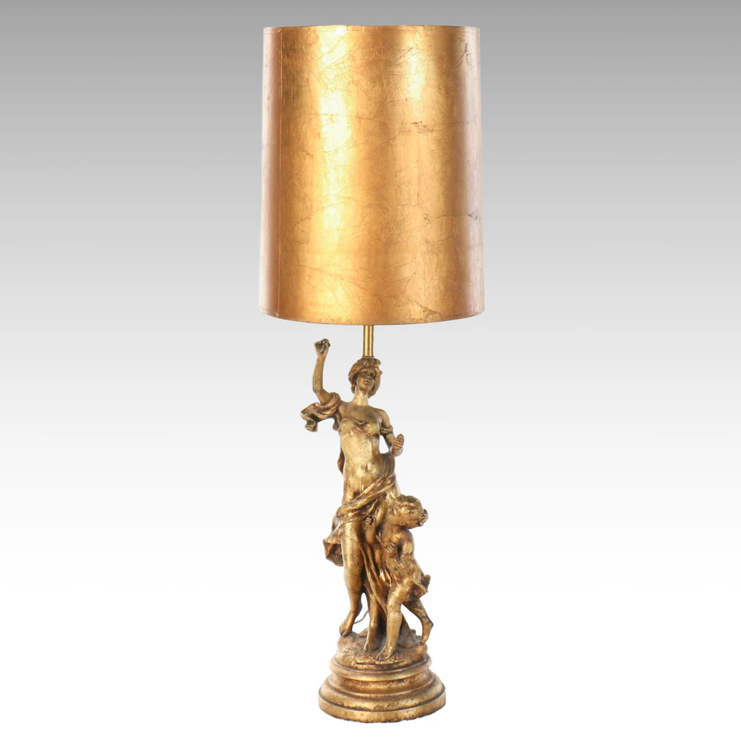 Neoclassical Revival Gold Finished Woman and Cherub Table Lamp, Mid-20th