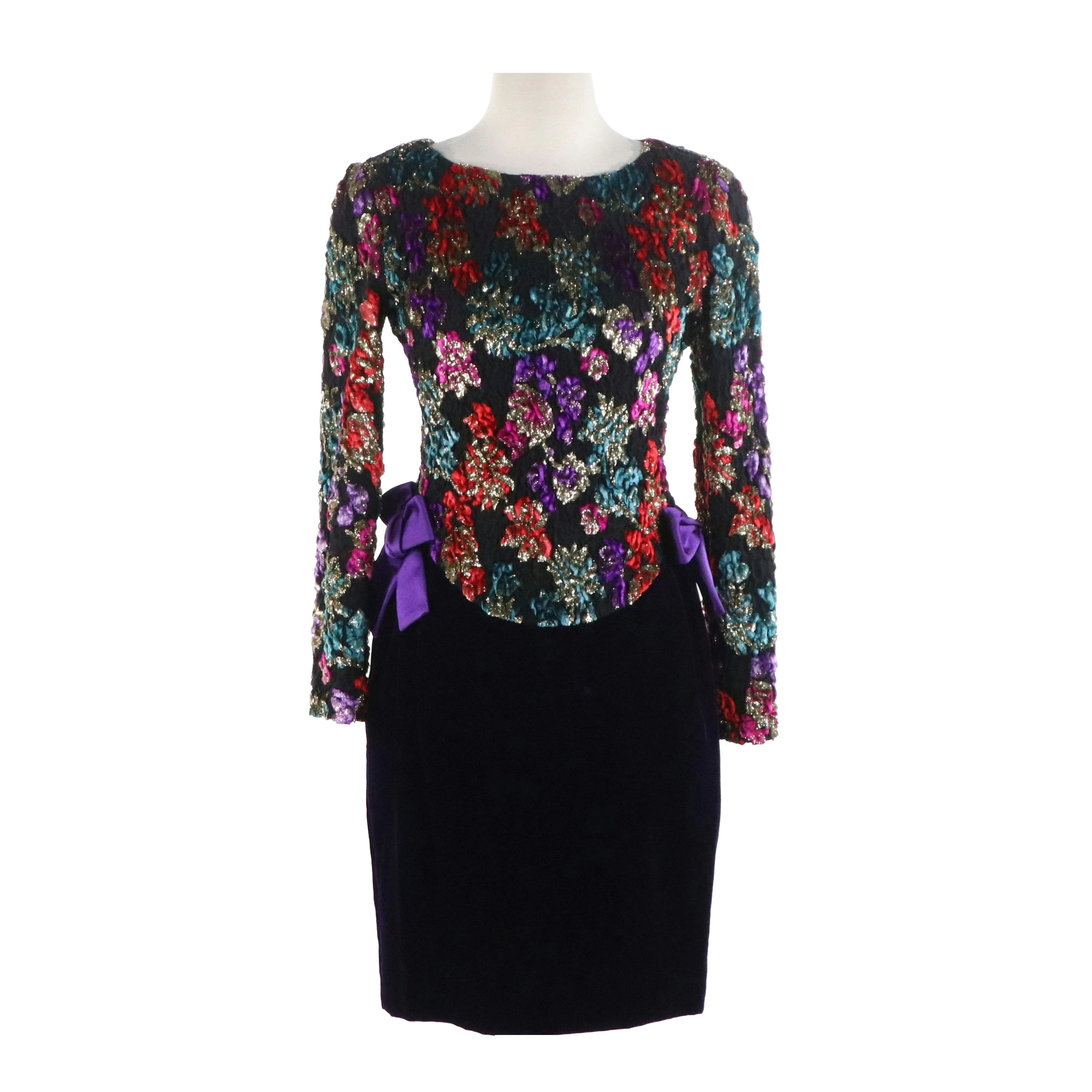 Guy Laroche Boutique Collection Quilted Multicolor/Purple Velvet Cocktail Dress