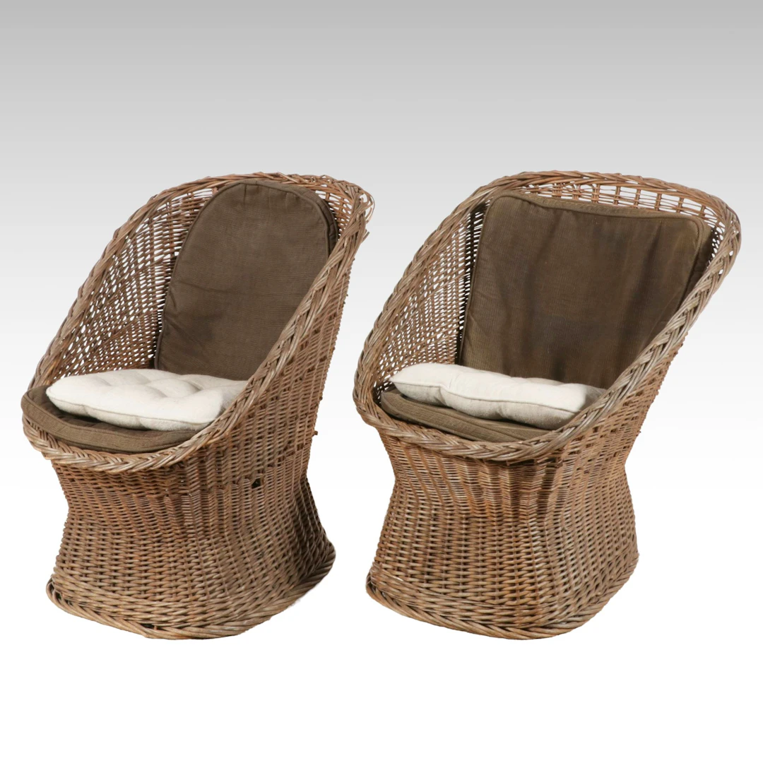 Pair of Contemporary Woven Wicker High-Back Accent Chairs with Cushions