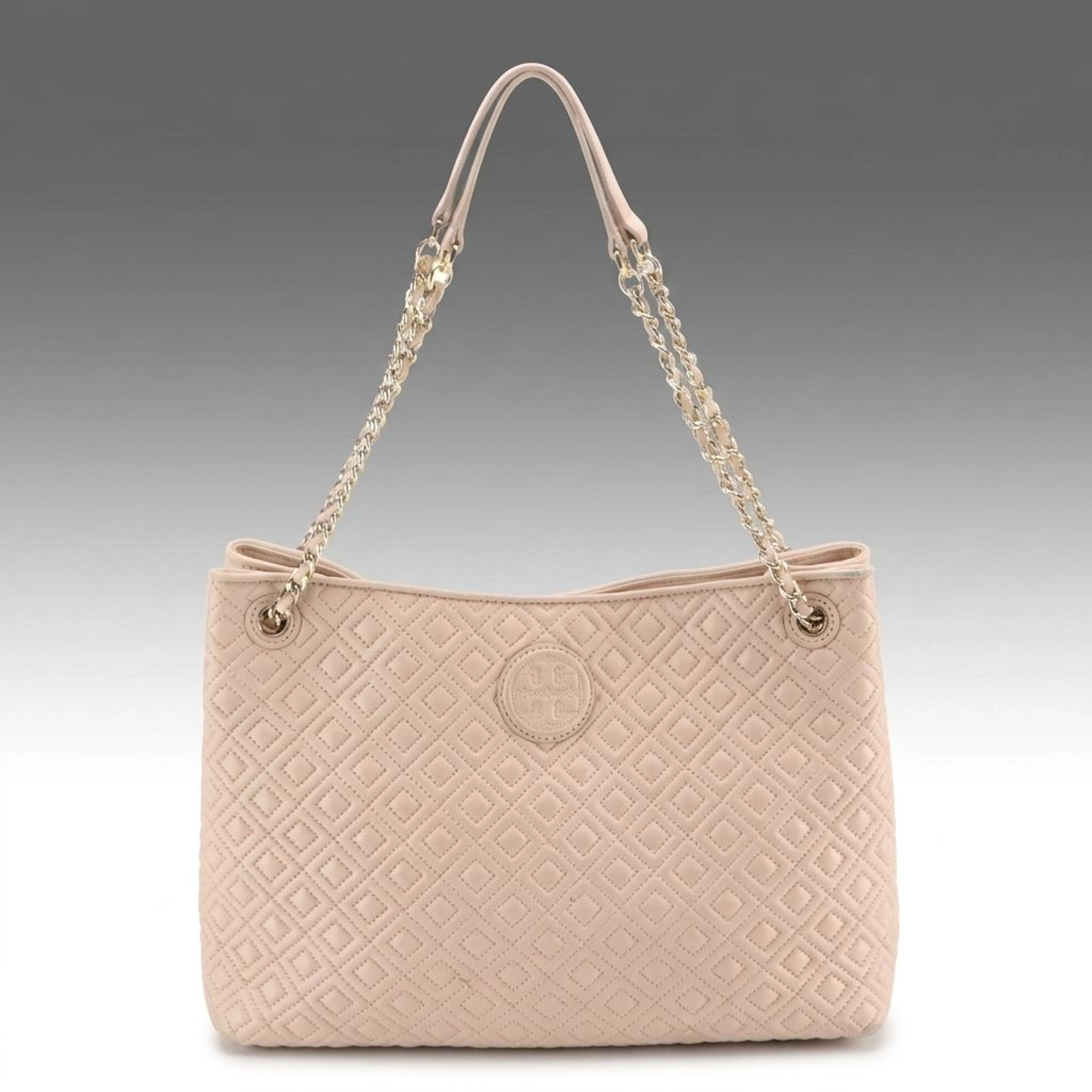 Tory Burch Marion Diamond Quilted Leather Tote in Dust Pink Lambskin Leather