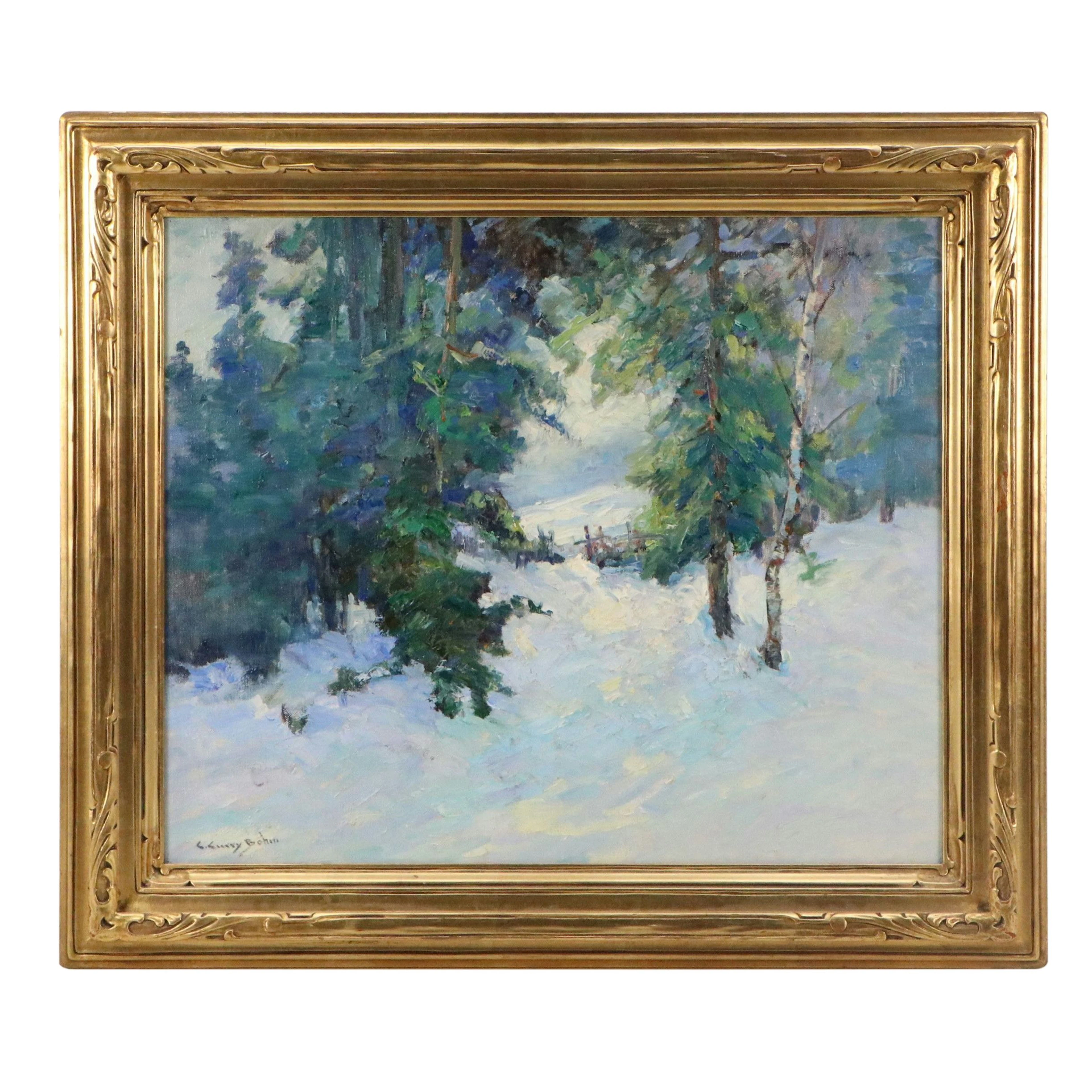 C. Curry Bohm Winter Forest Landscape Oil Painting, Mid-20th Century