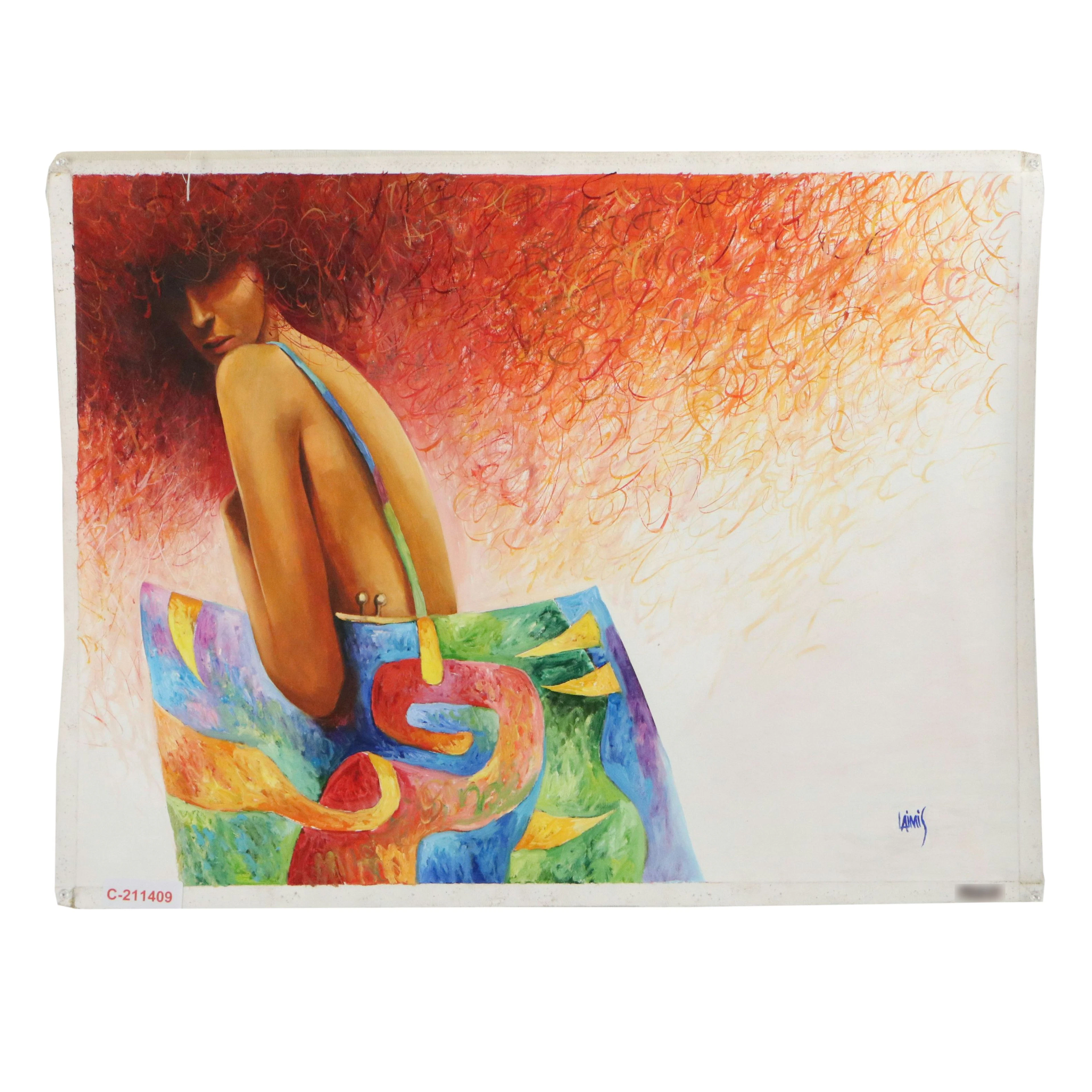 Laimis Oil Painting of Woman with Vibrant Handbag, Late 20th Century