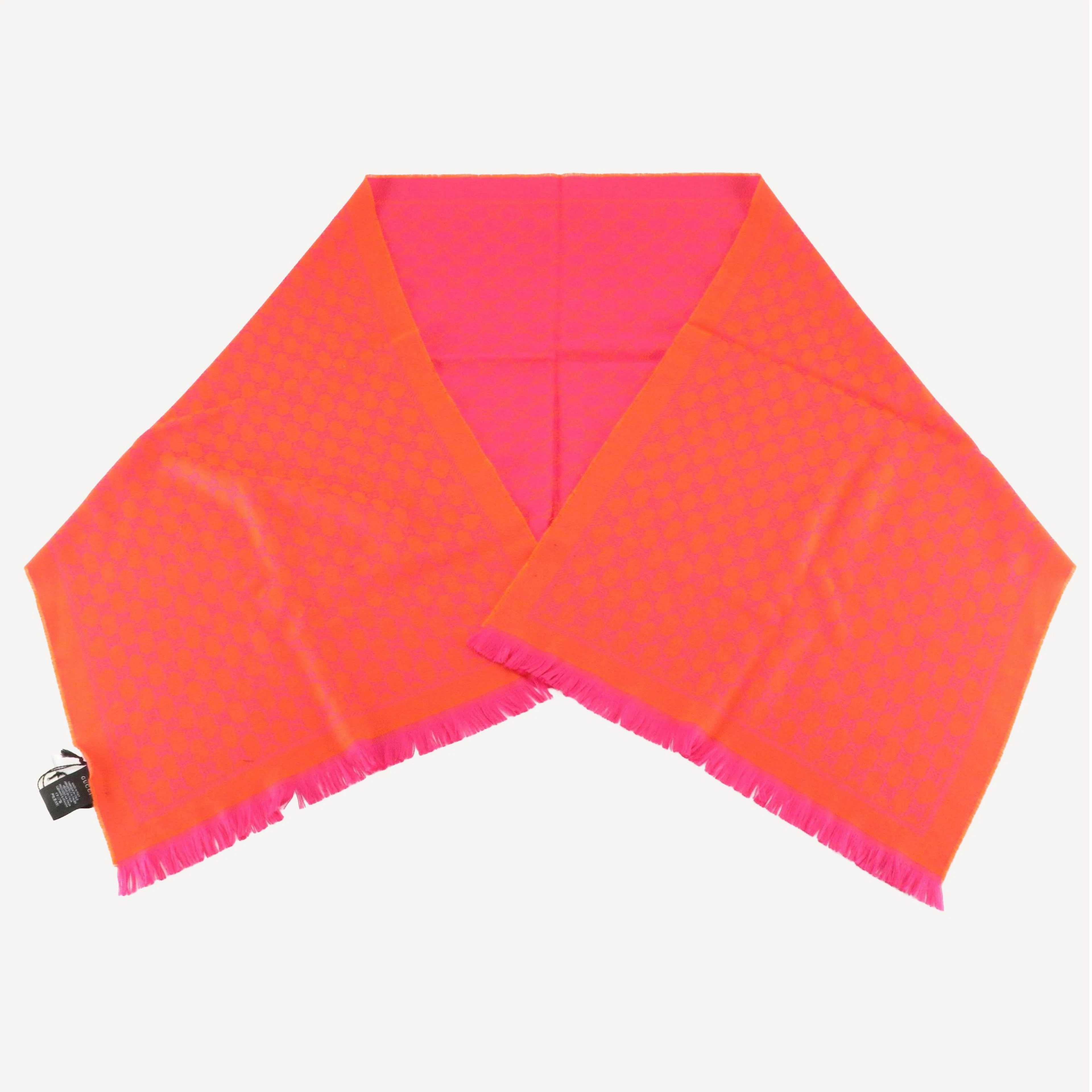Gucci GG Monogram Wool Fringe Scarf in Orange and Fuchsia with Box