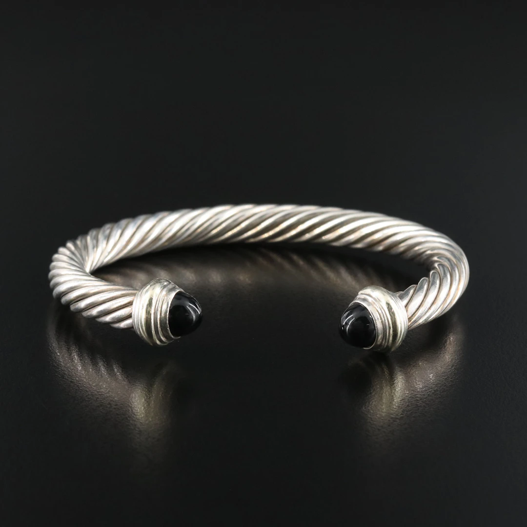 David Yurman Sterling Black Onyx Cable Cuff Bracelet with 14K Accents
