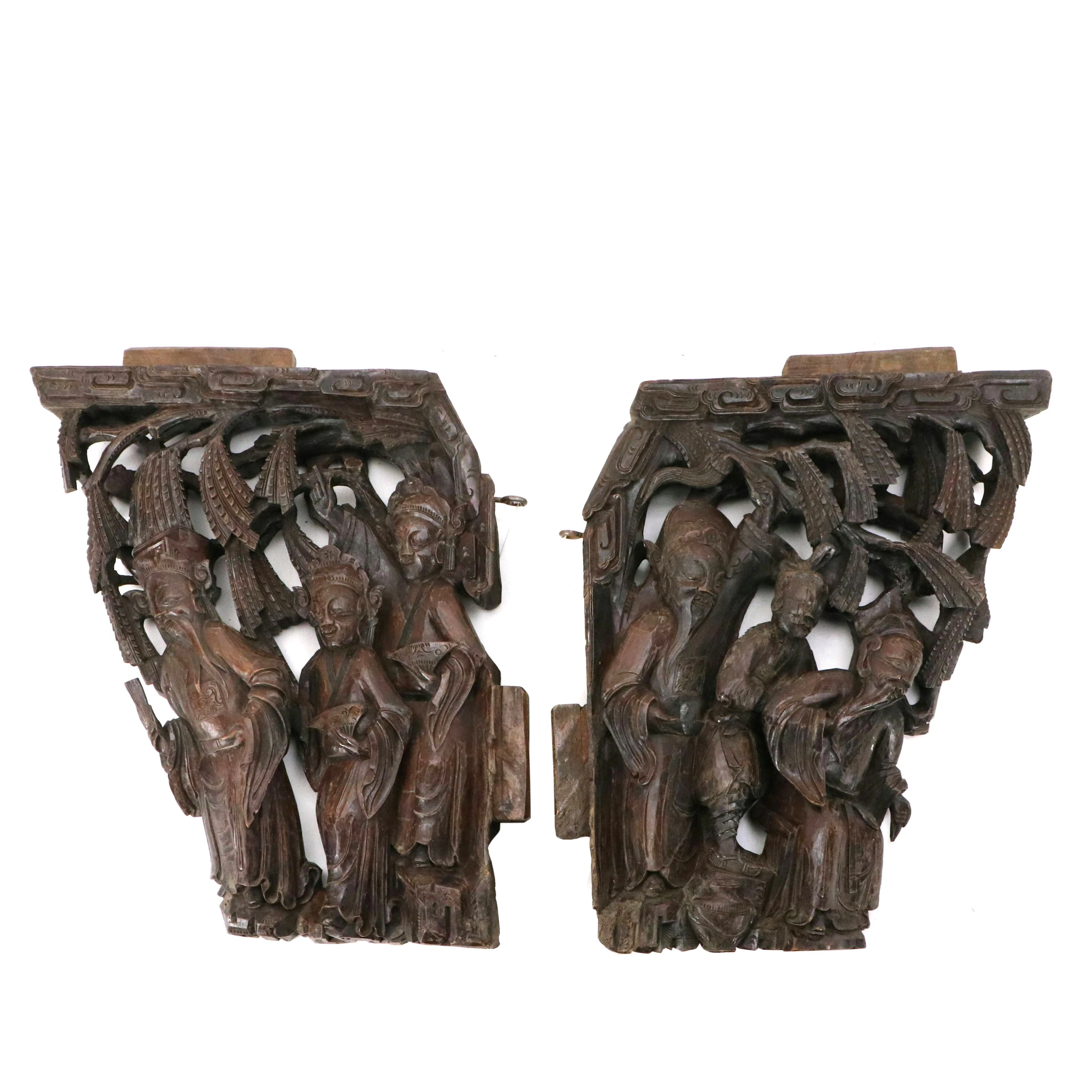 Qing Dynasty Style Architectural Salvage Carved Wood Corbels with Figures