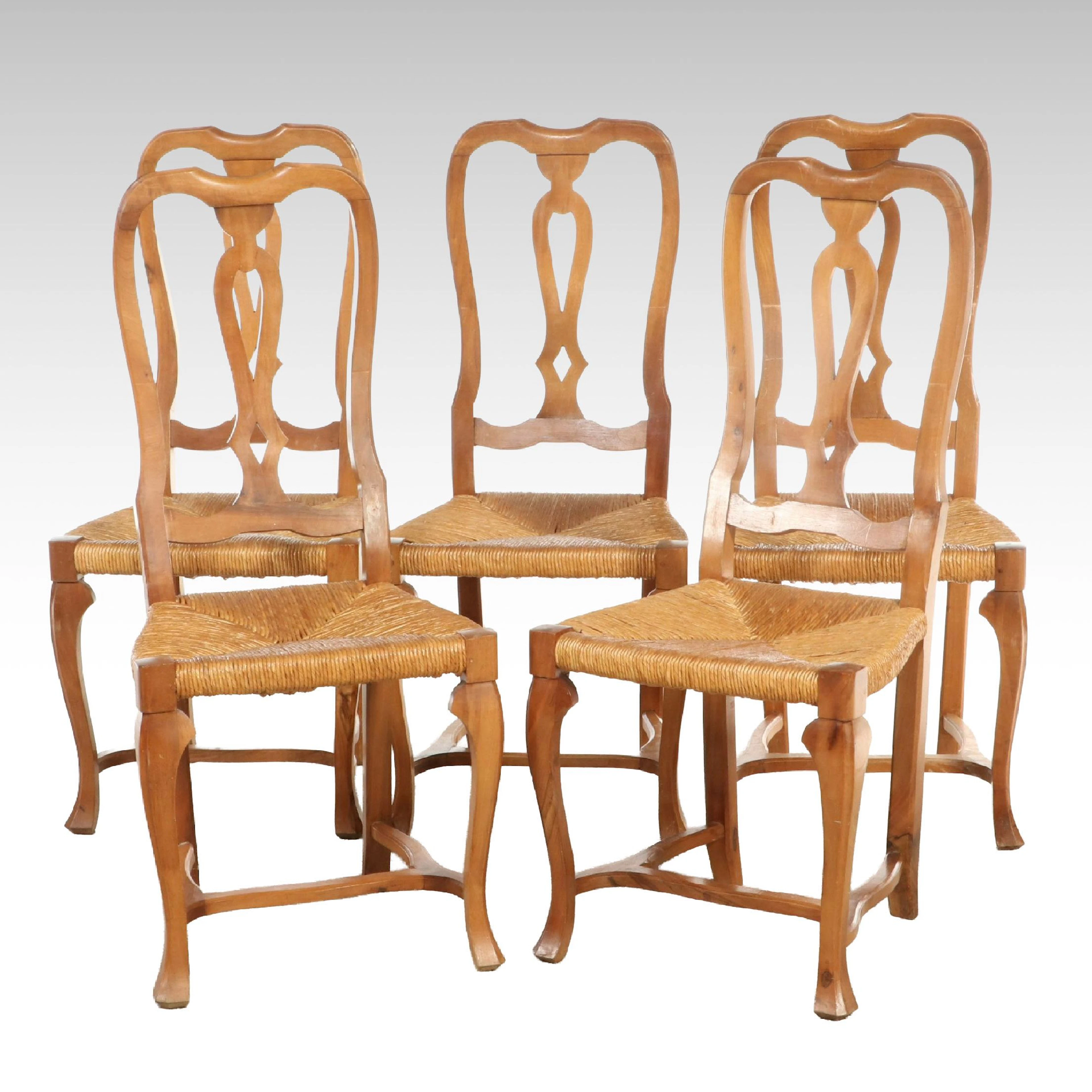 Set of Five French Provincial Style Woven Rush Seat Dining Chairs