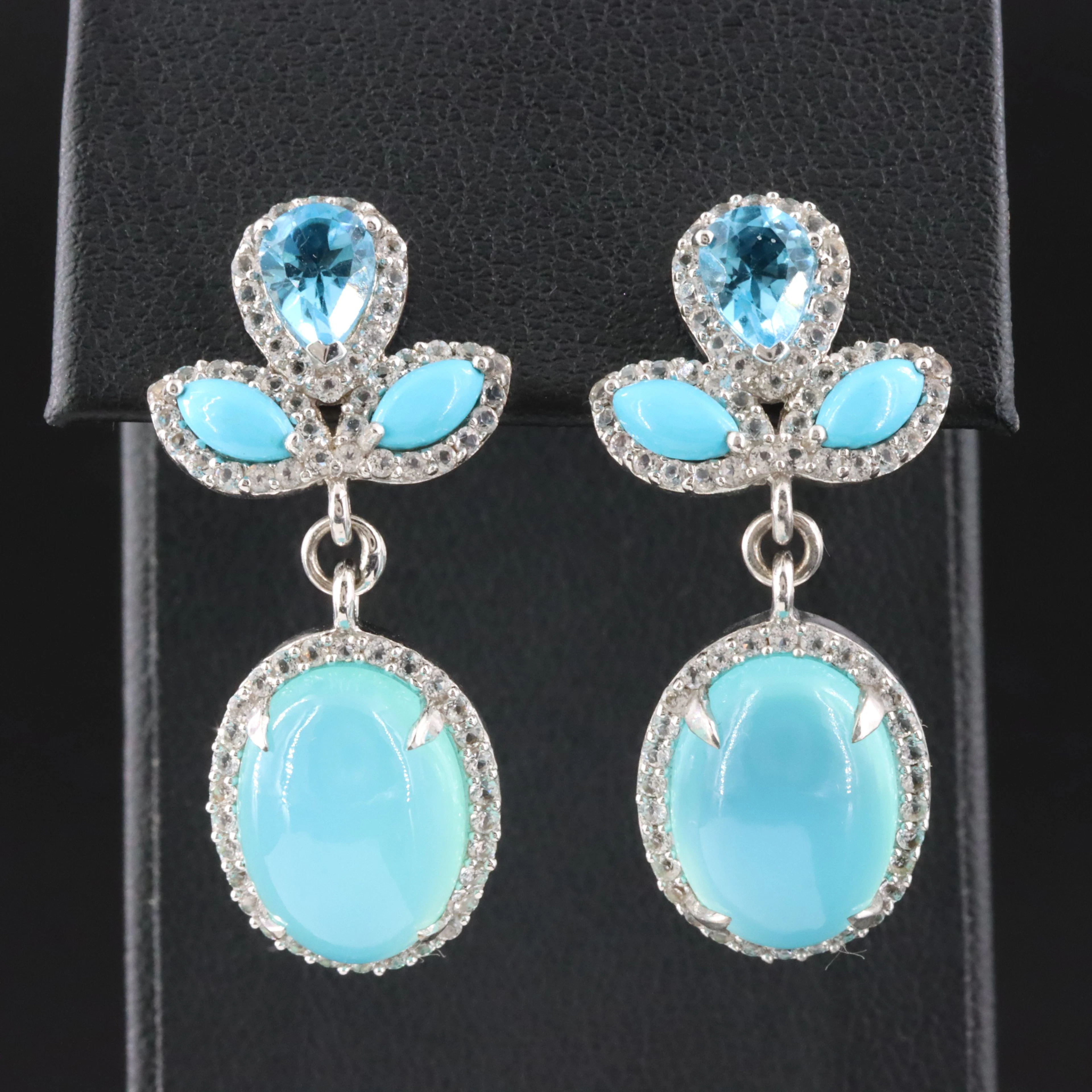 Sterling Chalcedony and Blue Topaz Earrings with White Zircon Halo