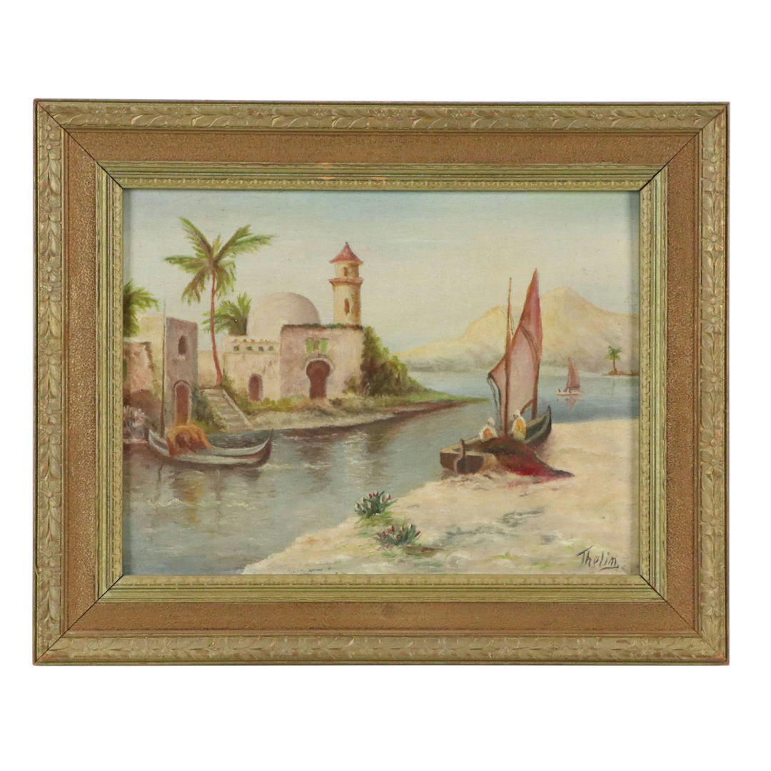 Genre Oil Painting of Waterfront Scene, 20th Century