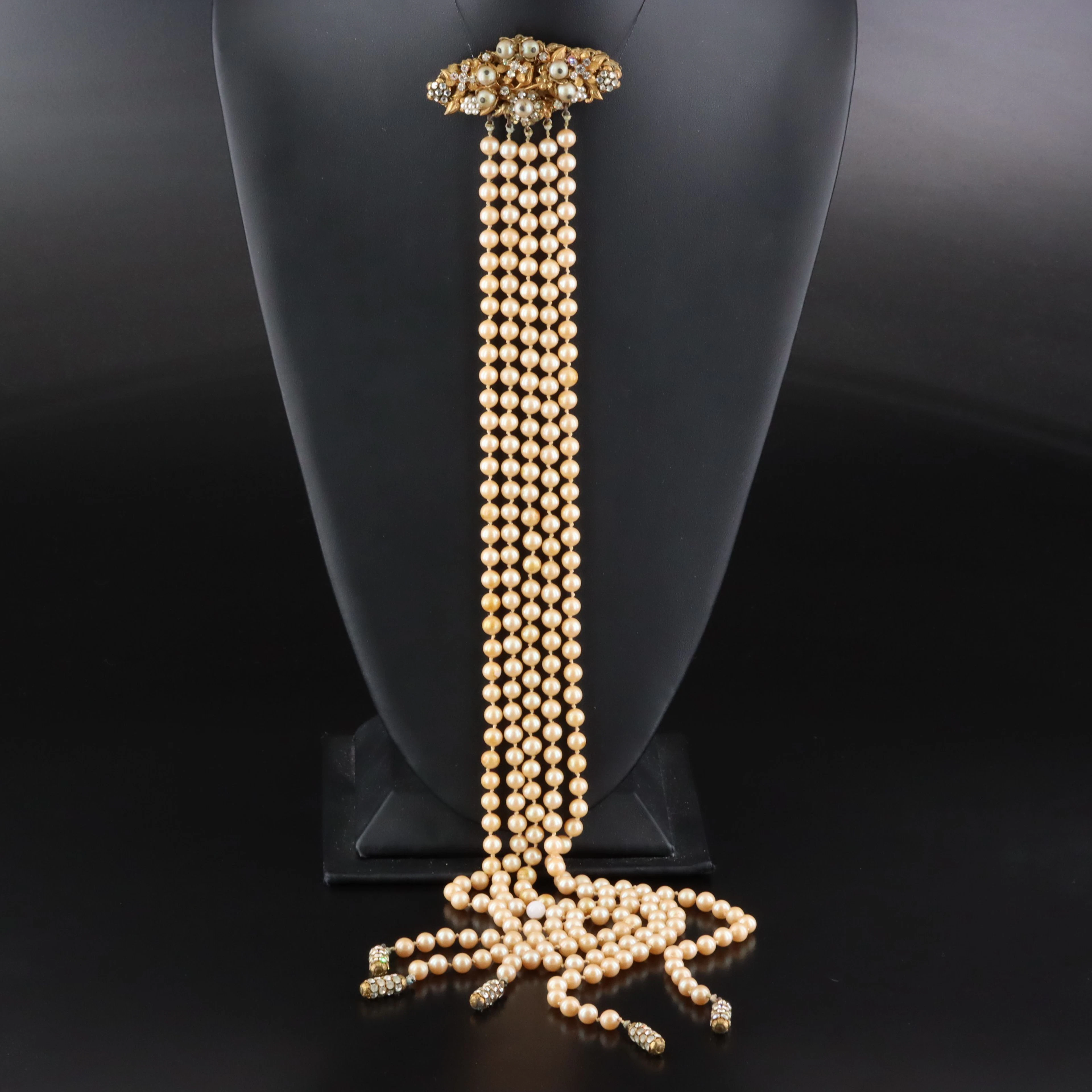 Stanley Hagler NYC Glass Pearl and Rhinestone Waterfall Brooch